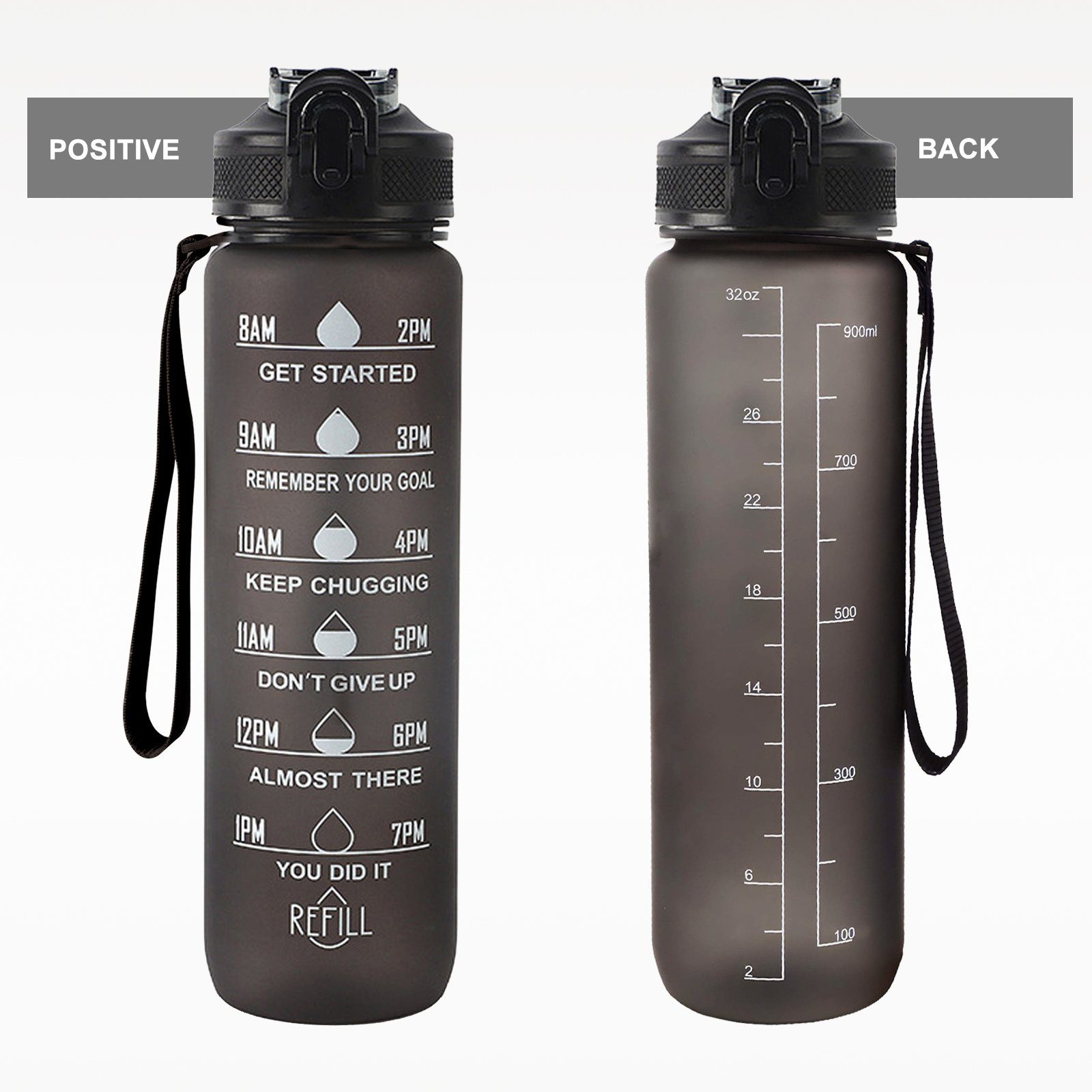 CALIYO Trinkflasche Trinkflasche BPA-Frei, 1L Erinnerung Trinkzeit an Sport Kostenlose Wasserflasche, Schwarz mit Krüge Auslaufsicher Zeitmarkierungen Die