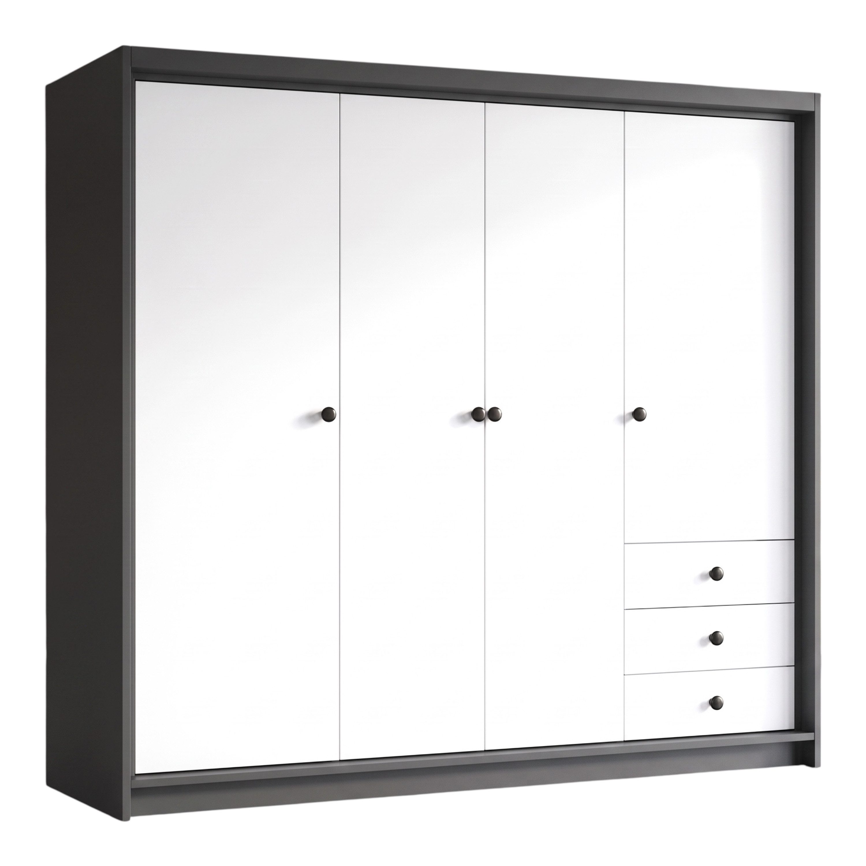 A&J MöbelLand GmbH Drehtürenschrank FALKEN– viertüriger Kleiderschrank 200 cm (Geräumiger viertüriger Kleiderschrank mit Schubladen. Geräumiger Schrank mit einer Breite von 200 cm und Schubladen, ideal zur Aufbewahrung von Kleidung und Accessoires. Viel S