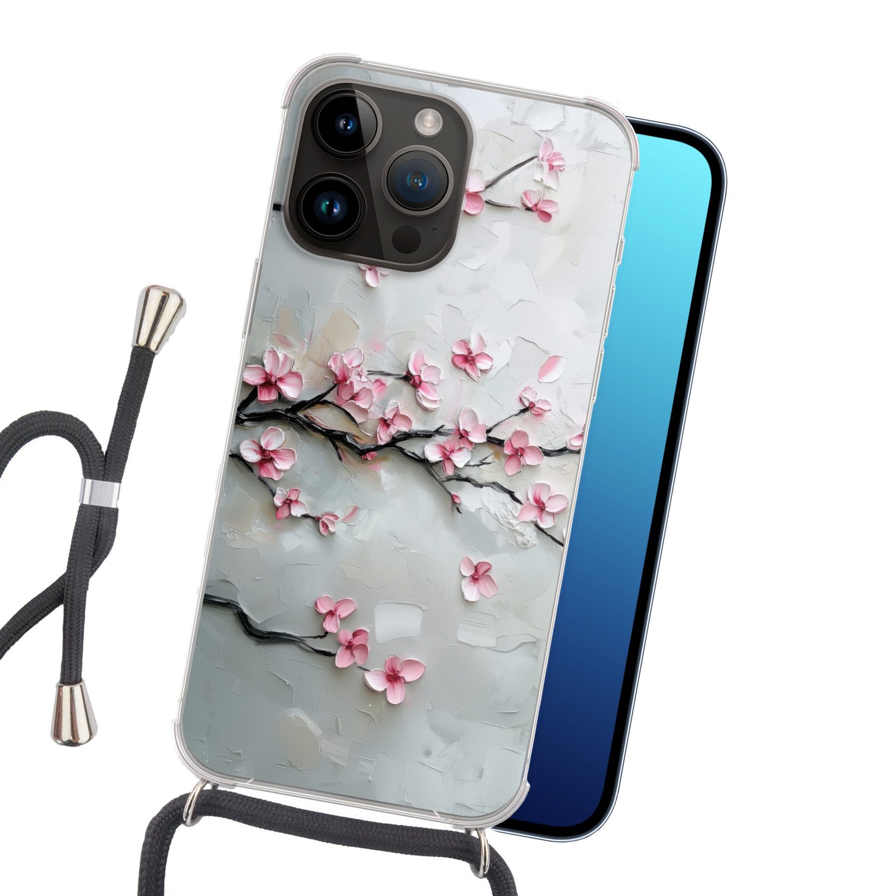 MuchoWow Handyhülle für Apple iPhone 14 Pro Blüte - Künstlerisch - Rosa - Sakura, Tragbare Handyhüllen mit Kette zum umhängen, Handykette Handyband