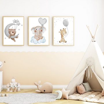 Tigerlino Poster 3er Set Kinderzimmer Wandbilder Babyzimmer Poster Bär Elefant Giraffe