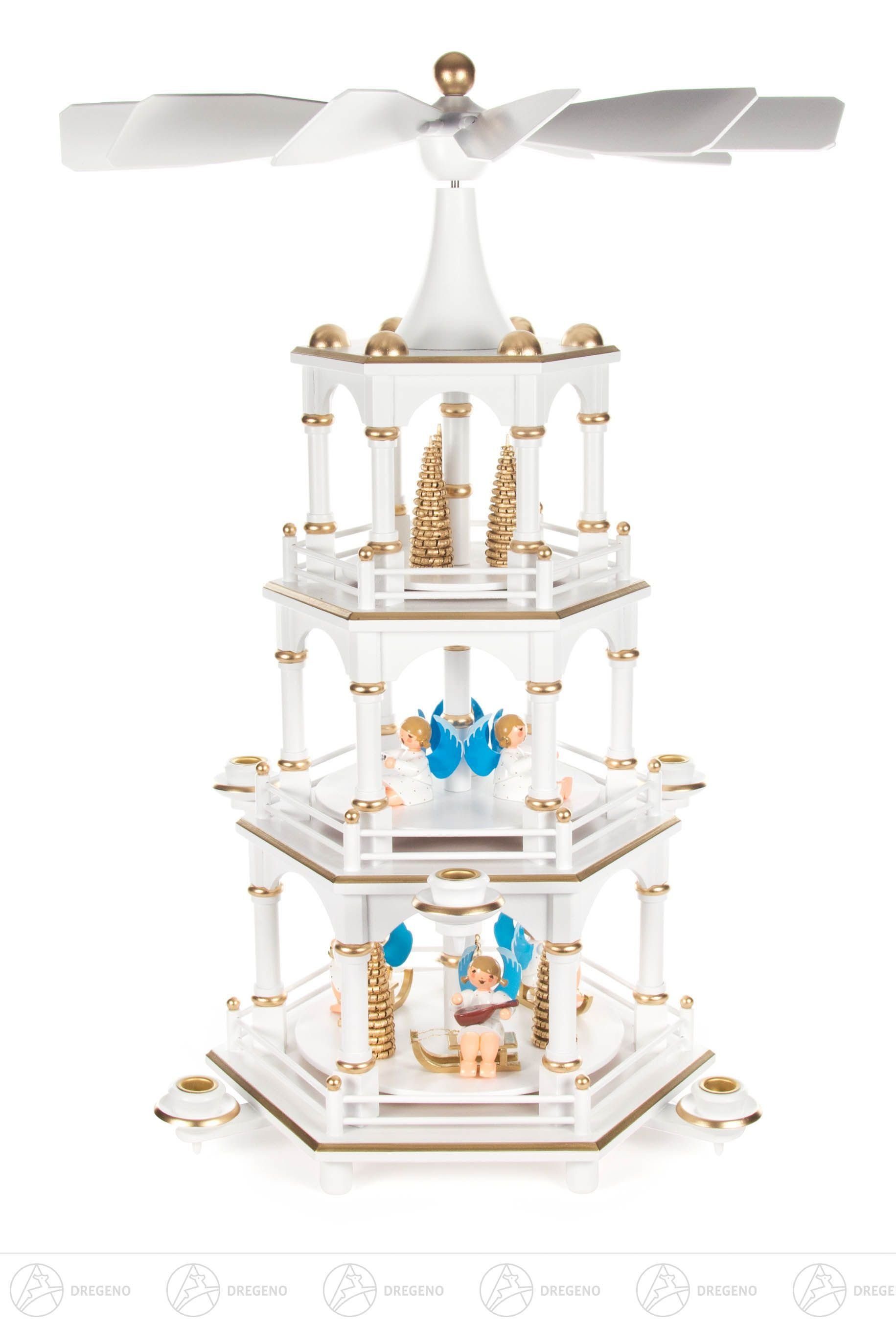 Dregeno Erzgebirge Weihnachtspyramide Pyramide mit Engeln weiß, 3-stöckig, für Kerzen d=14mm Breite x Hö, Pyramide mit kleinen Engeln mit Instrument