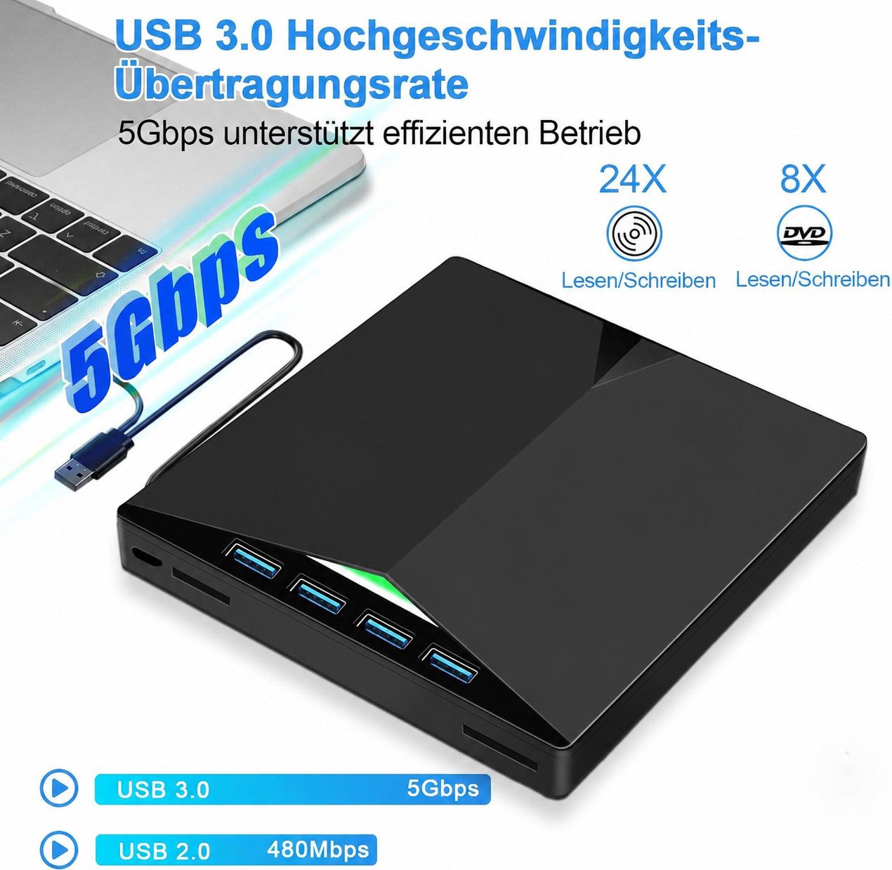 AIMAX Externes CD DVD Laufwerk, 7-in-1 USB 3.0 Type-C Laufwerk, Schwarz DVD-Brenner (DVD-Brenner, CD DVD RW Brenner für Laptop, PC und MacBook)