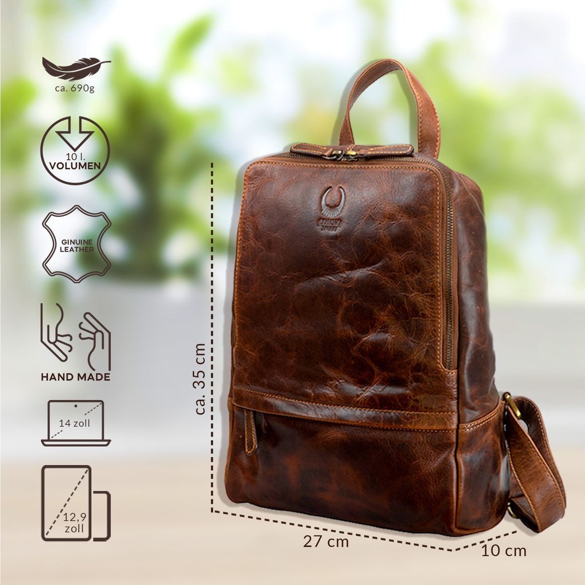 Corno d´Oro Cityrucksack Premium Rucksack Damen Leder Mittelgroß Lederrucksack Vintage Braun, Handmade, für 14 Zoll Laptop, leichtes Gewicht - nur 690gr.