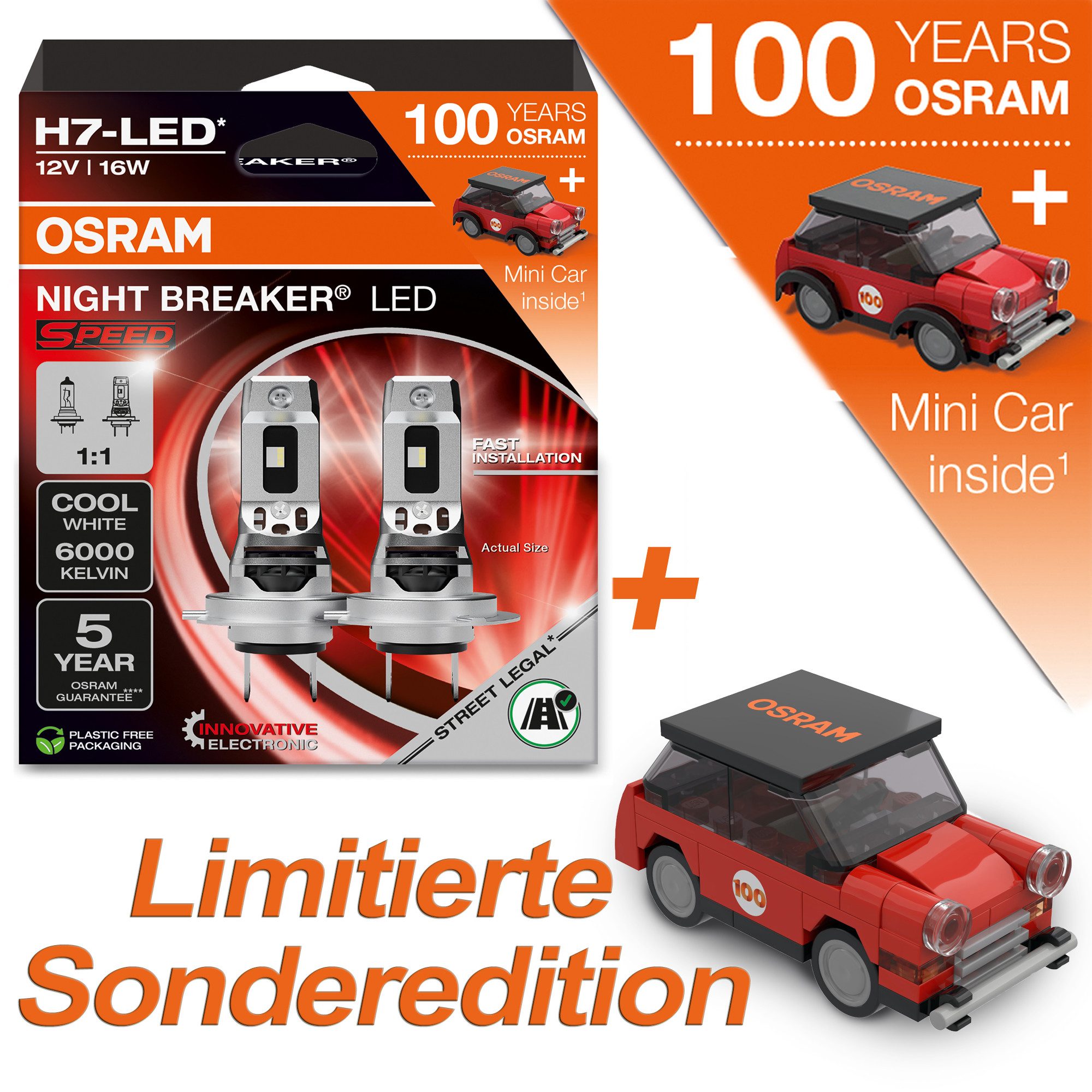 Osram KFZ-Ersatzleuchte H7 NIGHT BREAKER LED SPEED 2St. + 100 Jahre OSRAM JUBILÄUMS MINI CAR, H7, Kaltweiß, 1:1