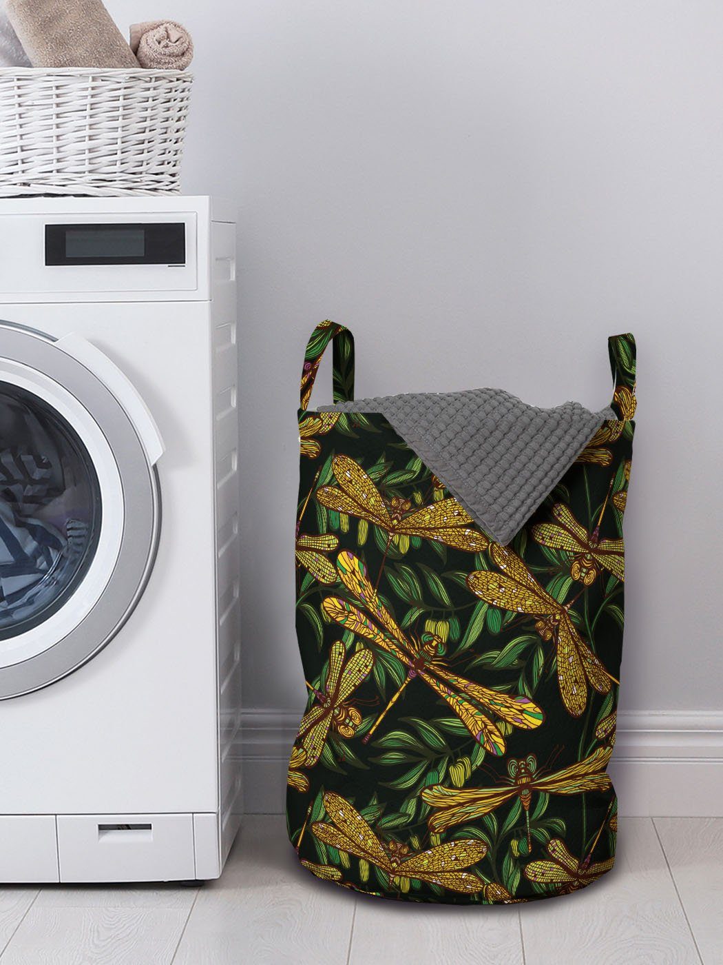 Abakuhaus Wäschesäckchen Wäschekorb mit Griffen Grüne Kordelzugverschluss für Blätter Waschsalons, Libelle