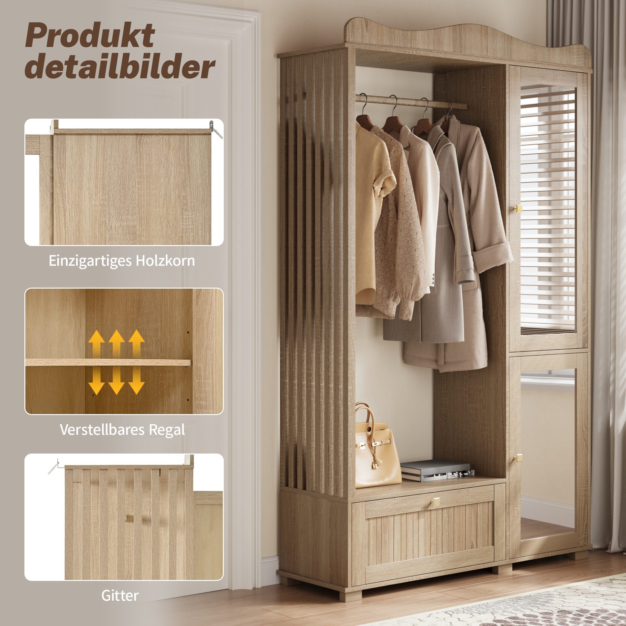 Merax Garderobenschrank mit Spiegel und Offener Kleiderständer, 115,5×38,5×194,5cm (1-St) Kompaktgarderobe mit Schublade & 2 Türen für Schlafzimmer und Flur – Bild 5 von 5