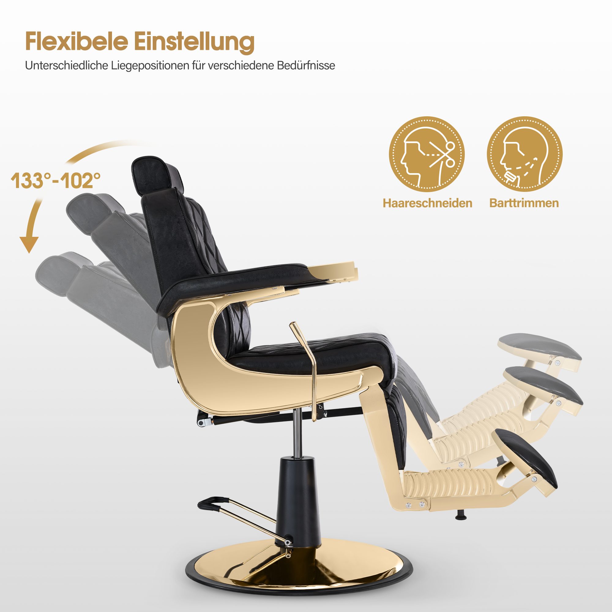 Barberpub Stuhl Barberpub Friseurstuhl Friseureinrichtung 9671 (Gold-Schwarz), mit Kopfstütze Kippbar, Höhenverstellbar, Drehbar – Bild 3 von 5