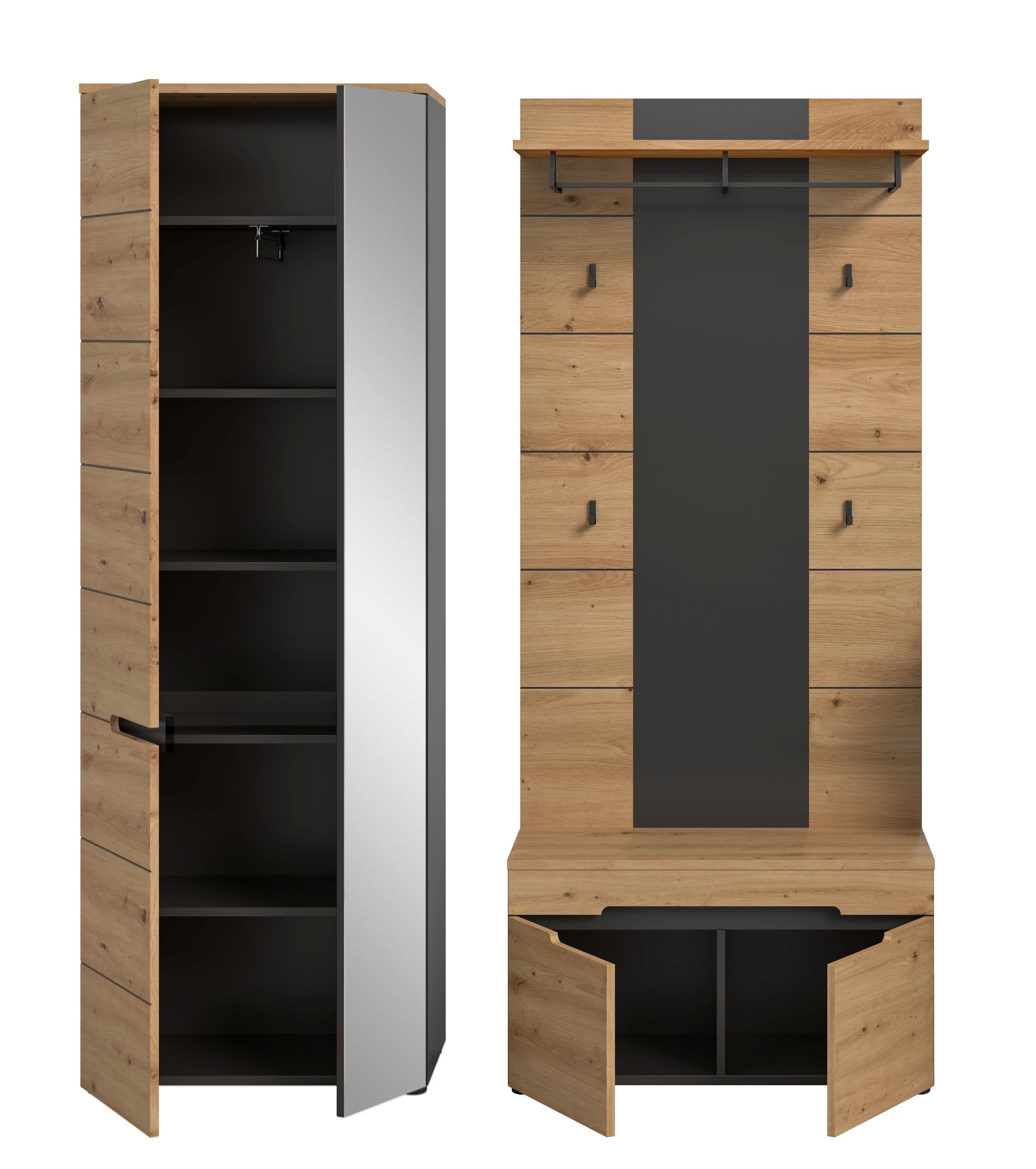 xonox.home Garderoben-Set, (3tlg. Set inkl. Garderobenschrank, Sitzbank, Paneel), Basalt grau Nachbildung Melamin beschichtet modern 160x190x37 cm