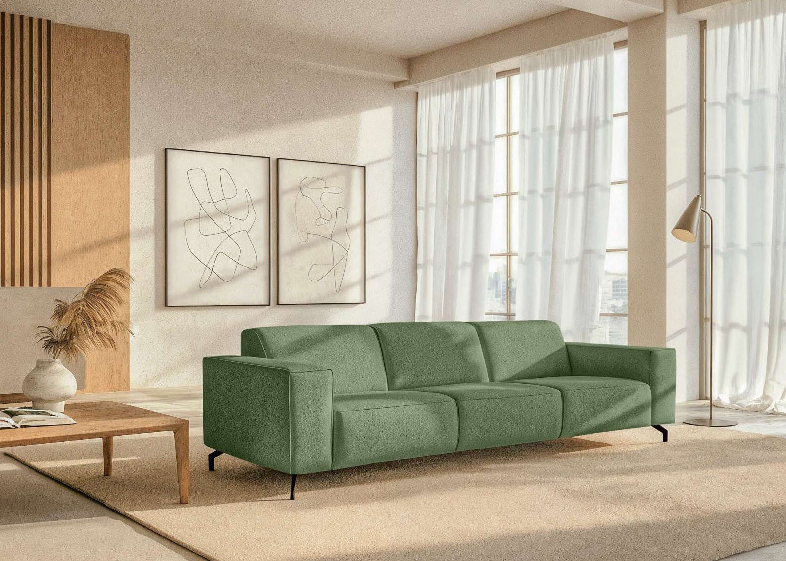 Home affaire 3-Sitzer Lorcan 257 cm, weiches Sitzgefühl, mit schwarzen Metallfüßen, Lederoptik und in weichem Strukturstoff