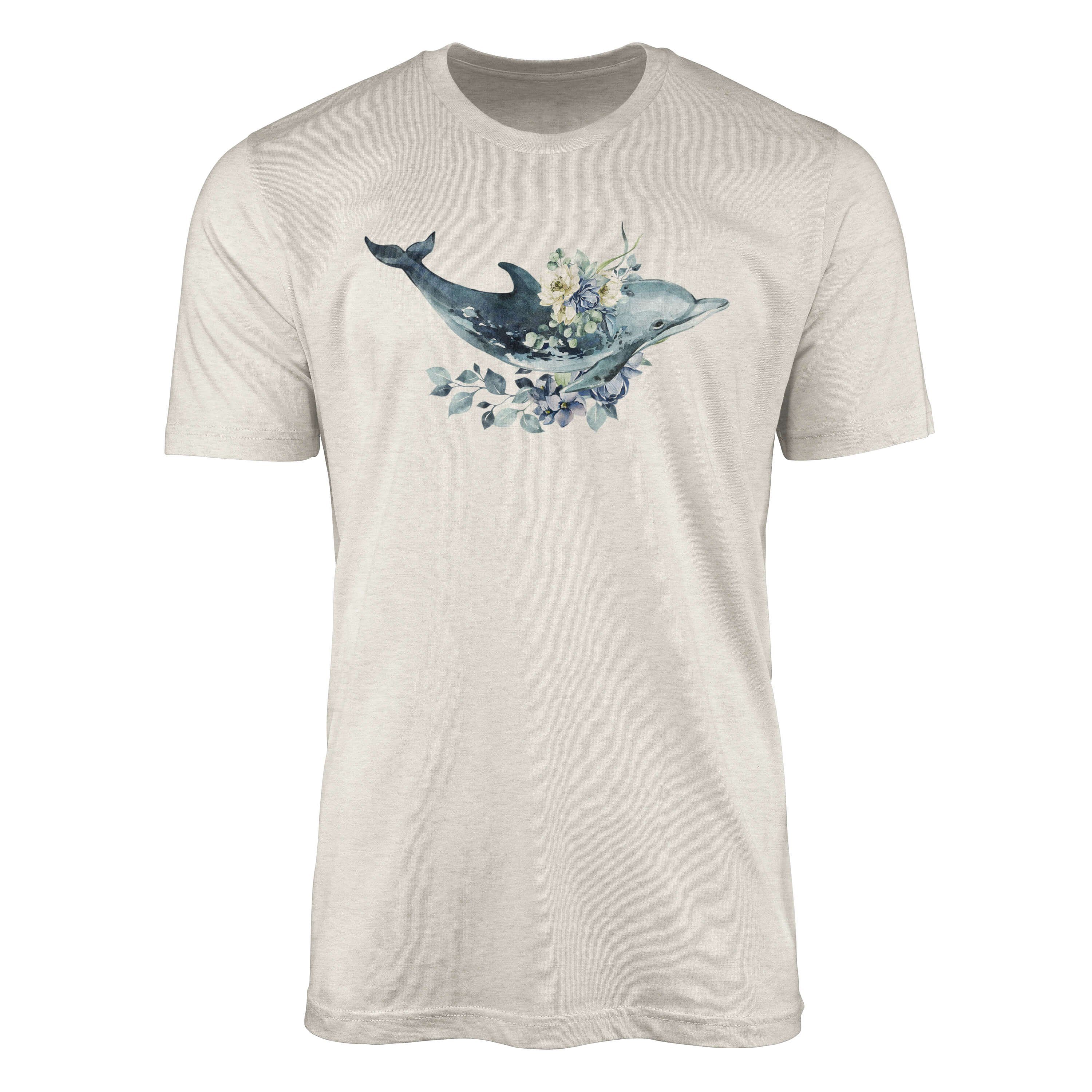 Sinus Art T-Shirt Herren Shirt 100% gekämmte Bio-Baumwolle T-Shirt Blumen Delfin Wasserfarben Motiv Nachhaltig Ökomod (1-tlg)
