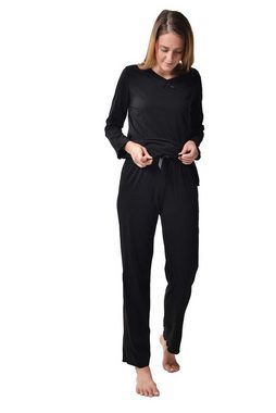 RAIKOU Hausanzug Damen Deluxe Pyjama aus 100 % Baumwolle, Schlafanzug Schlafhose (2 tlg., 1tlg order 2tlg) mit langen Ärmeln, mit V-Ausschnitt