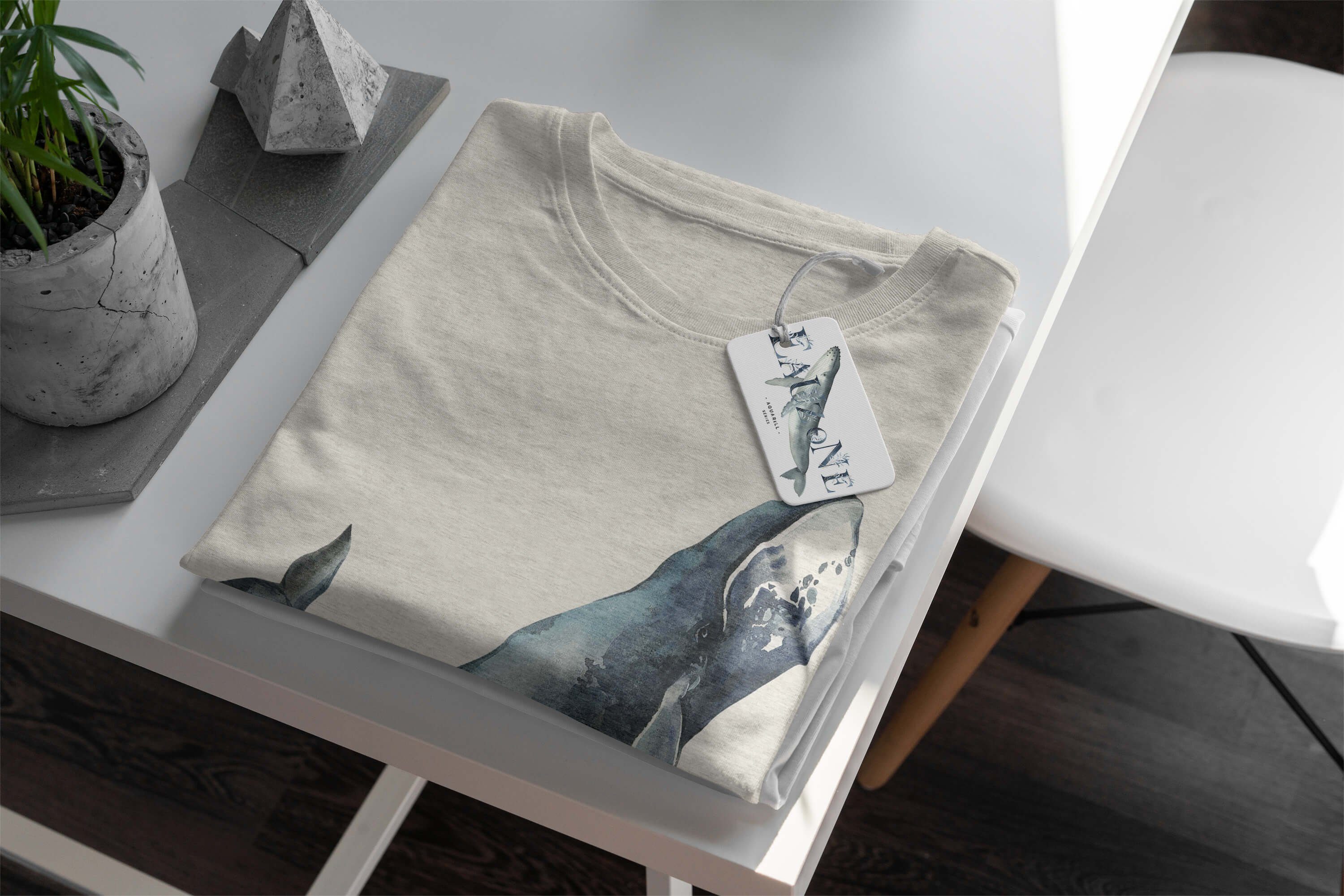 Glattwal Bio-Baumwolle Ökomode Wasserfarben Sinus Herren Motiv Nachhaltig 100% Art T-Shirt Wal (1-tlg) T-Shirt Shirt gekämmte