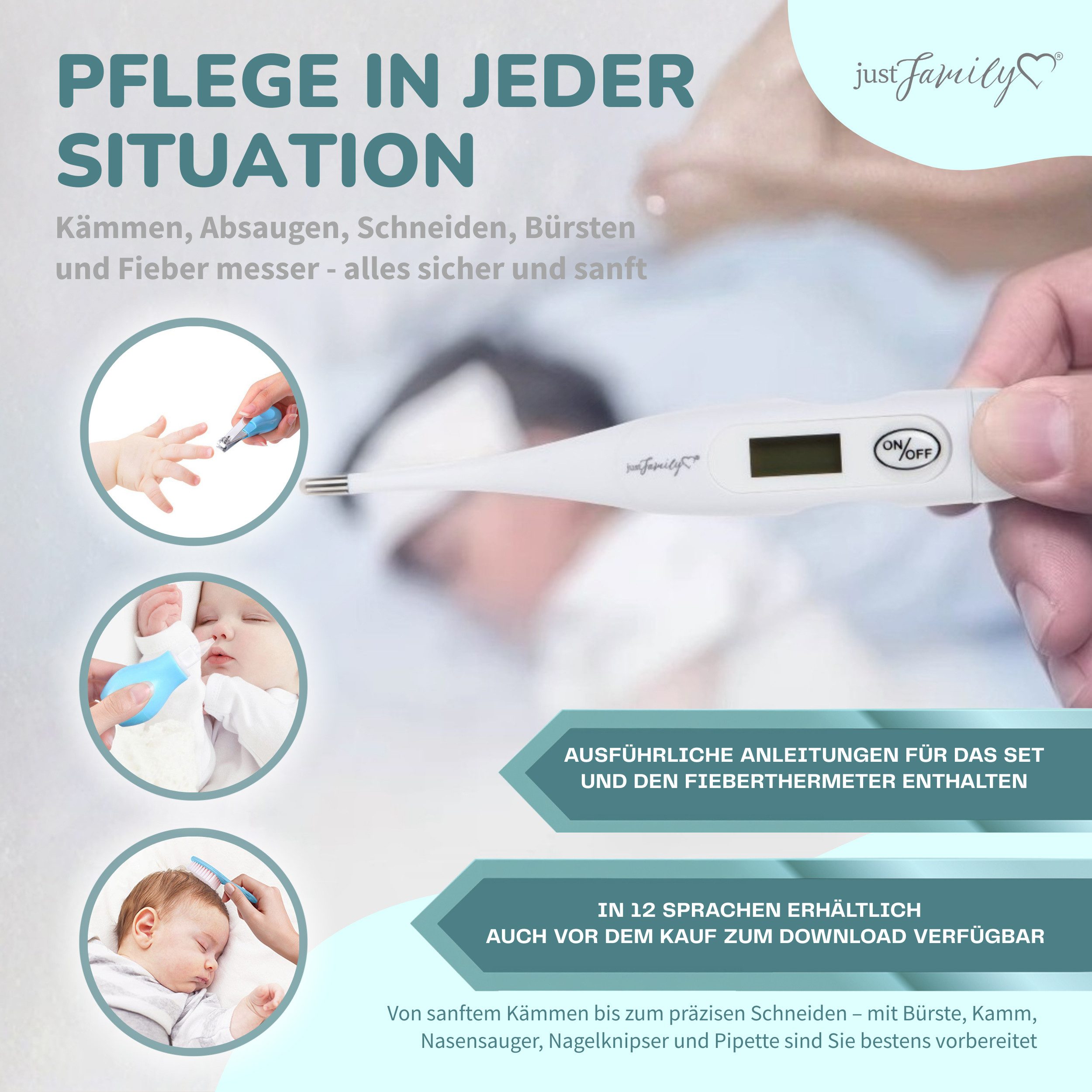TPFFamily Babypflege-Set Neugeborene inkl. Pflegeartikel und MDR/EU-konformem Fiebertermometer, 11 tlg., 11-tlg. Erstausstattung fürs Baby - Schönes Geschenkset zur Geburt