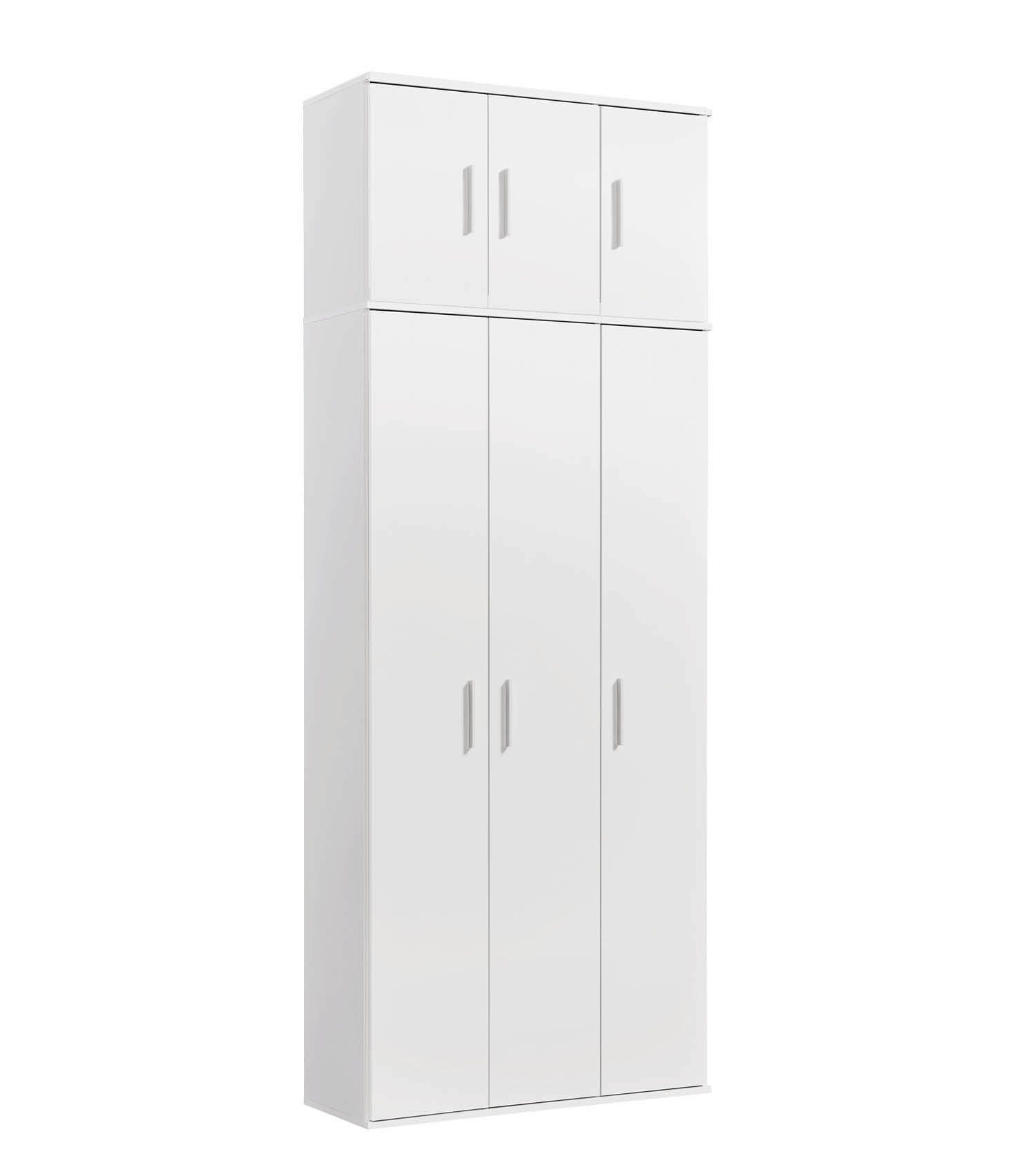 mokebo Mehrzweckschrank Trio Haushaltsschrank 3-türig Schrank weiß deckenhoch (89x230 cm, inkl. Staubersaugerfach + Aufsatz) Made in Germany, Putzschrank, Besenschrank, Flurschrank aus Holz