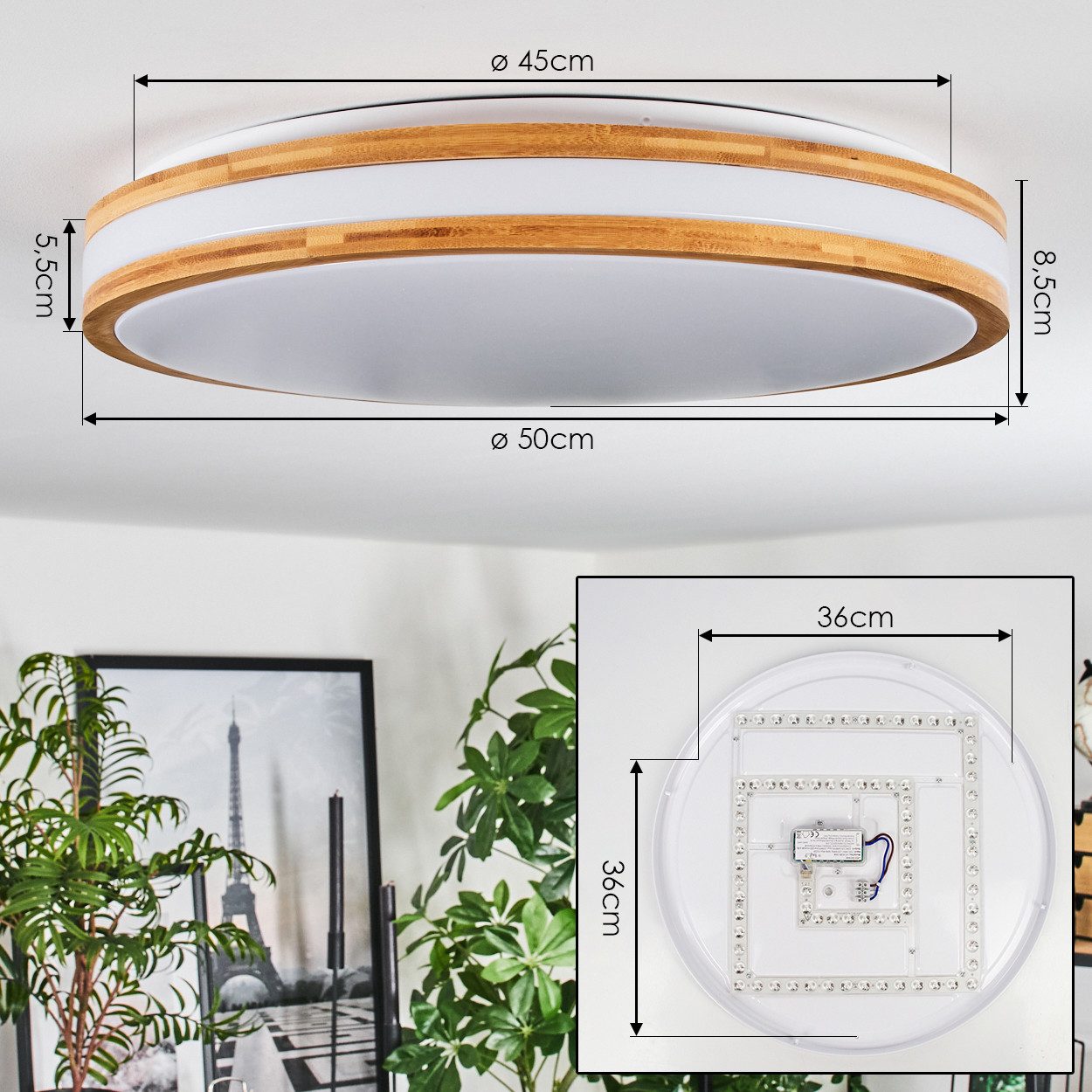 hofstein Deckenleuchte dimmbare Deckenlampe aus Metall/Bambus/Kunststoff in Weiß/Natur, LED wechselbar, 3000 - 6000 Kelvin, LED Leuchte(50cm), 4100 Lumen, 3000 -6000 Kelvin, inkl. Fernbedienung