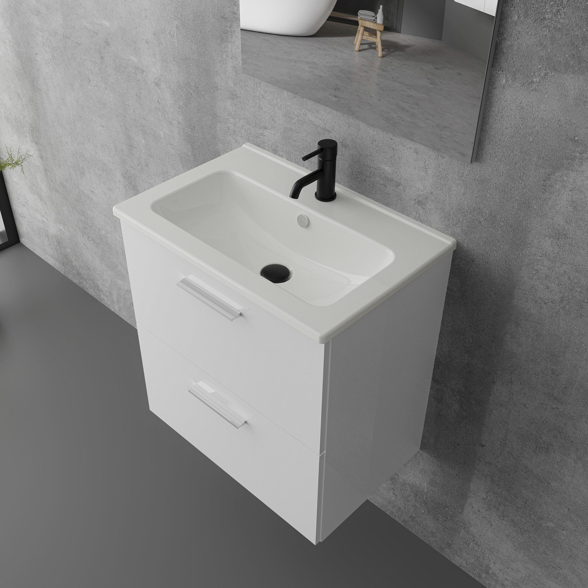 Vitra Badmöbel-Set mit Waschbecken und LED Badspiegel – Waschtisch mit Unterschrank, (Waschbecken mit Unterschrank 60 cm Breit, Waschbeckenunterschrank Weiss), Badezimmerschrank mit Spiegel mit Beleuchtung