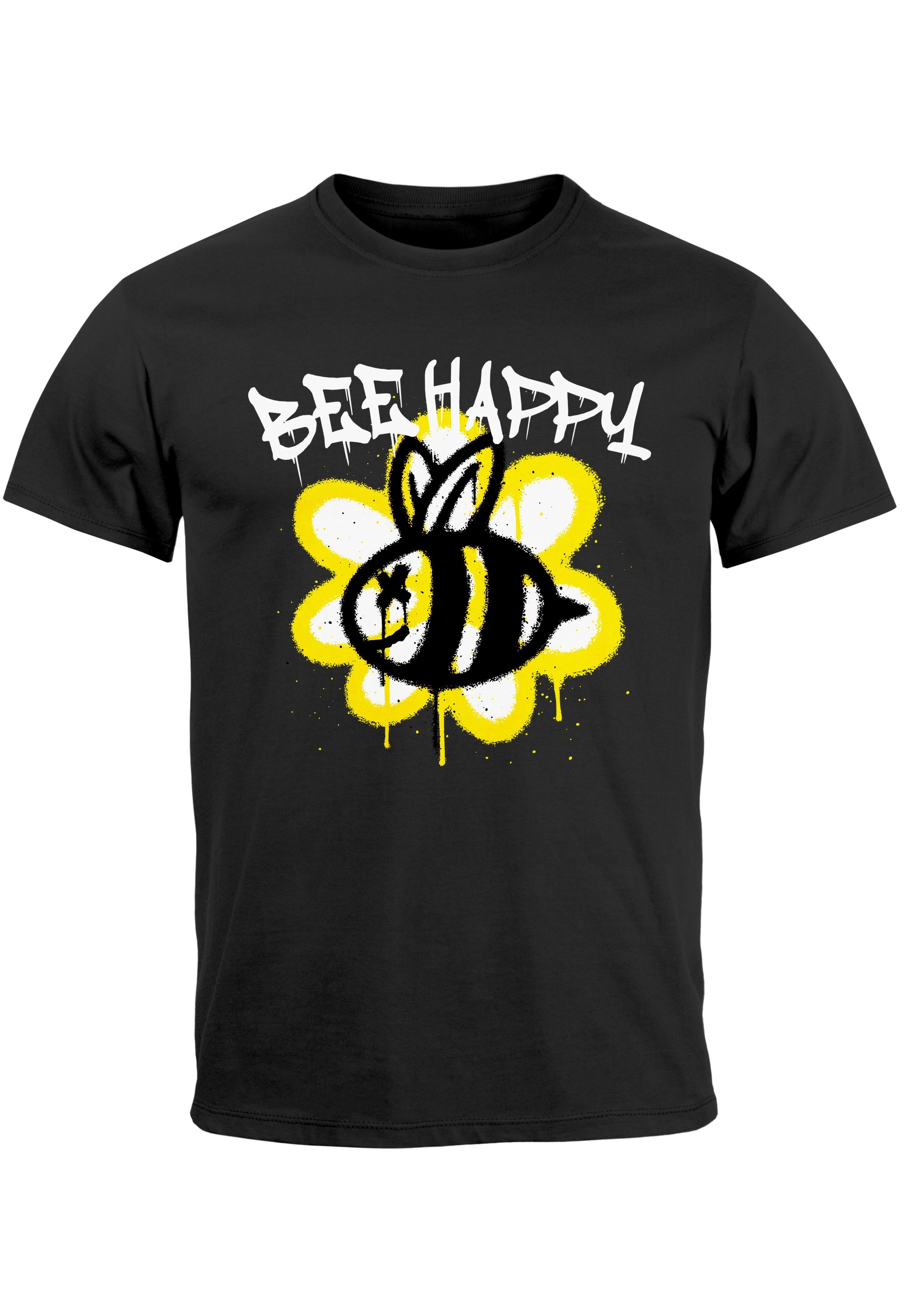 Print-Shirt Graffiti Neverless Print schwarz Aufdruck Herren Blume Biene T-Shirt Bee Happy mit SchriftzugFashi