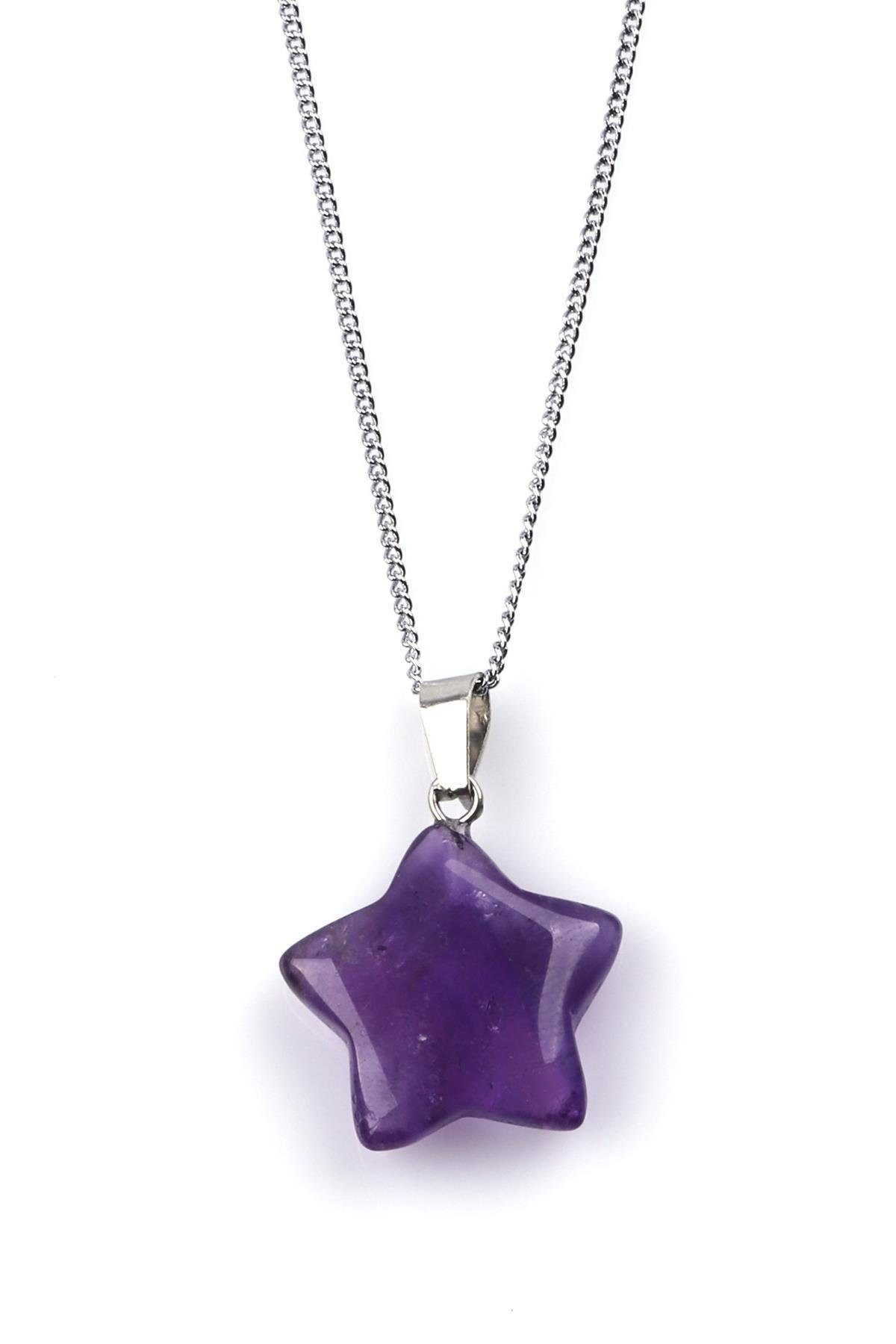 Nisan Edelstein, Amethyst Stern Halskette – Naturstein Anhänger in Violett mit Kette