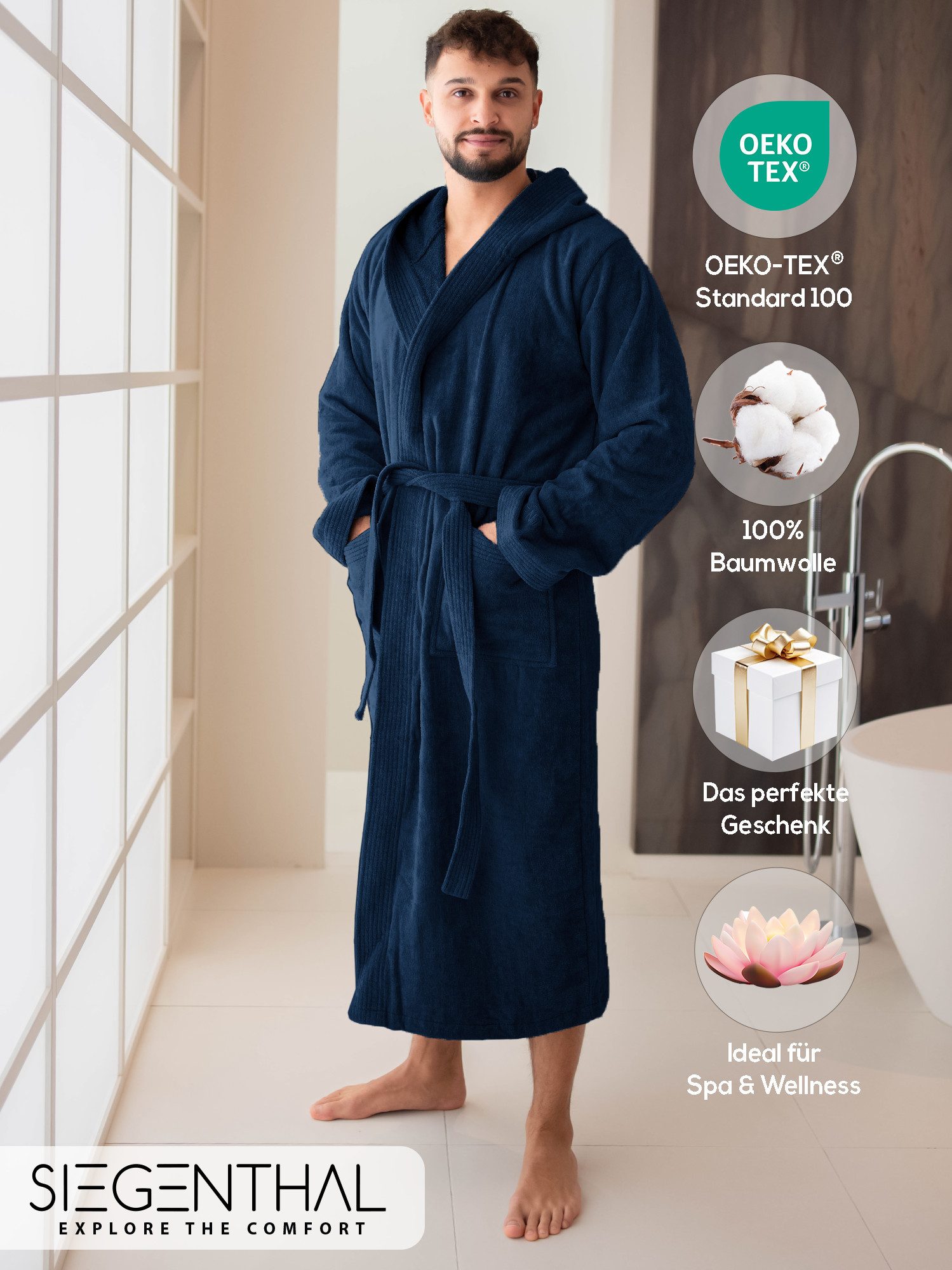 SIEGENTHAL Herrenbademantel 100% Baumwolle Frottee Velours mit Kapuze Wadenlang Wellness und Spa, Kapuze, Bindegürtel, Wadenlang, 2x Taschen, 100% Baumwolle, weich und elegant