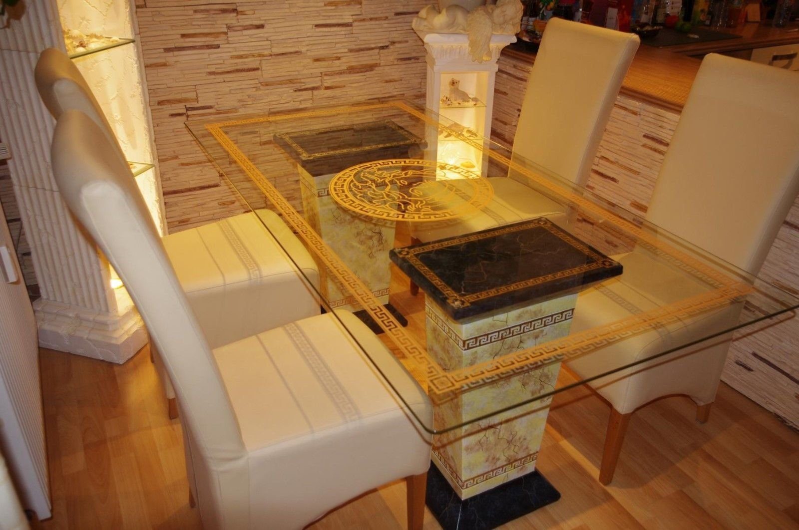 180cm Antikes Marmortisch Säulen-Esstisch Esstisch Glastisch Medusa Küchentisch Tafeltisch Wohndesign
