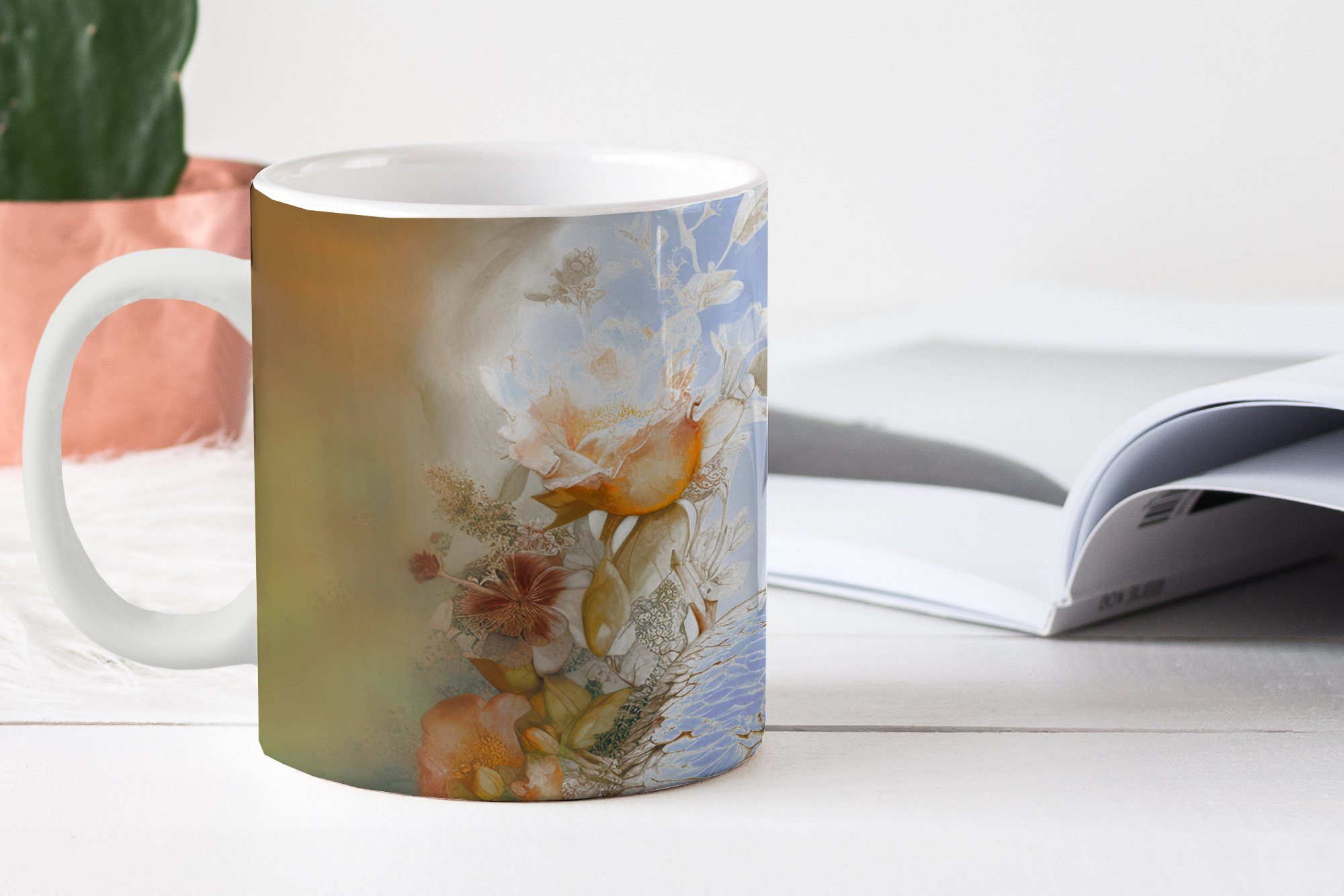 Blumen Kaffeetassen, Pfau Pfauenfedern MuchoWow - Keramik, Teetasse, - - Teetasse, Botanisch, Becher, Geschenk Tasse