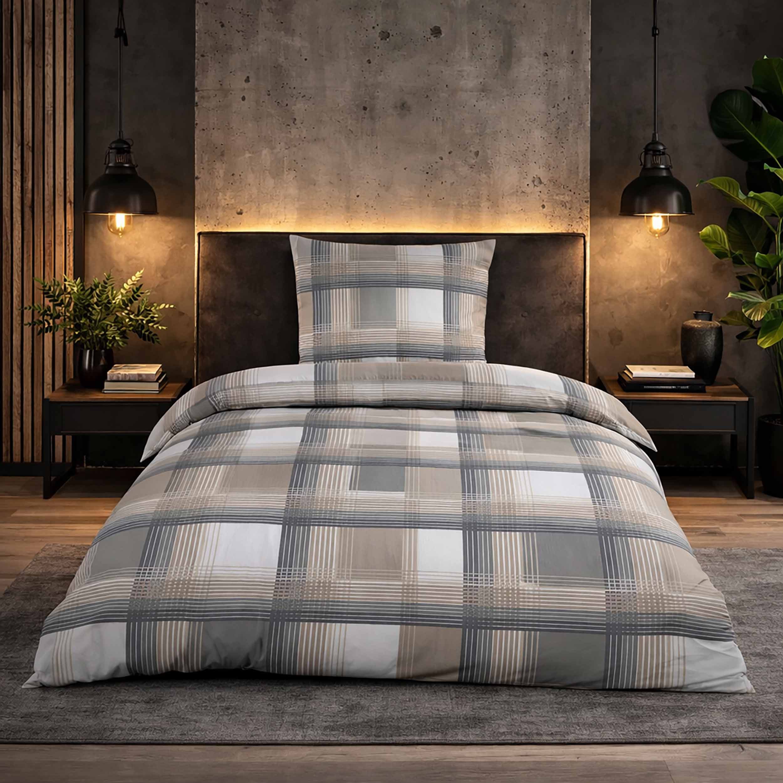 Casa Colori Bettwäsche Microfaser Fleece Wintergarnitur 135x200 cm kuschelig weich, Fleece, 2 teilig, Grau Braun Kariert – Bild 2 von 5