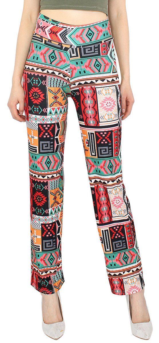 dy_mode Dancehose Damen Dancepants High Waist Stoffhose Straight Leg Leggings Bunt mit elastischem Bund, Bunt gemustert LH003-TribalPatchesBunt