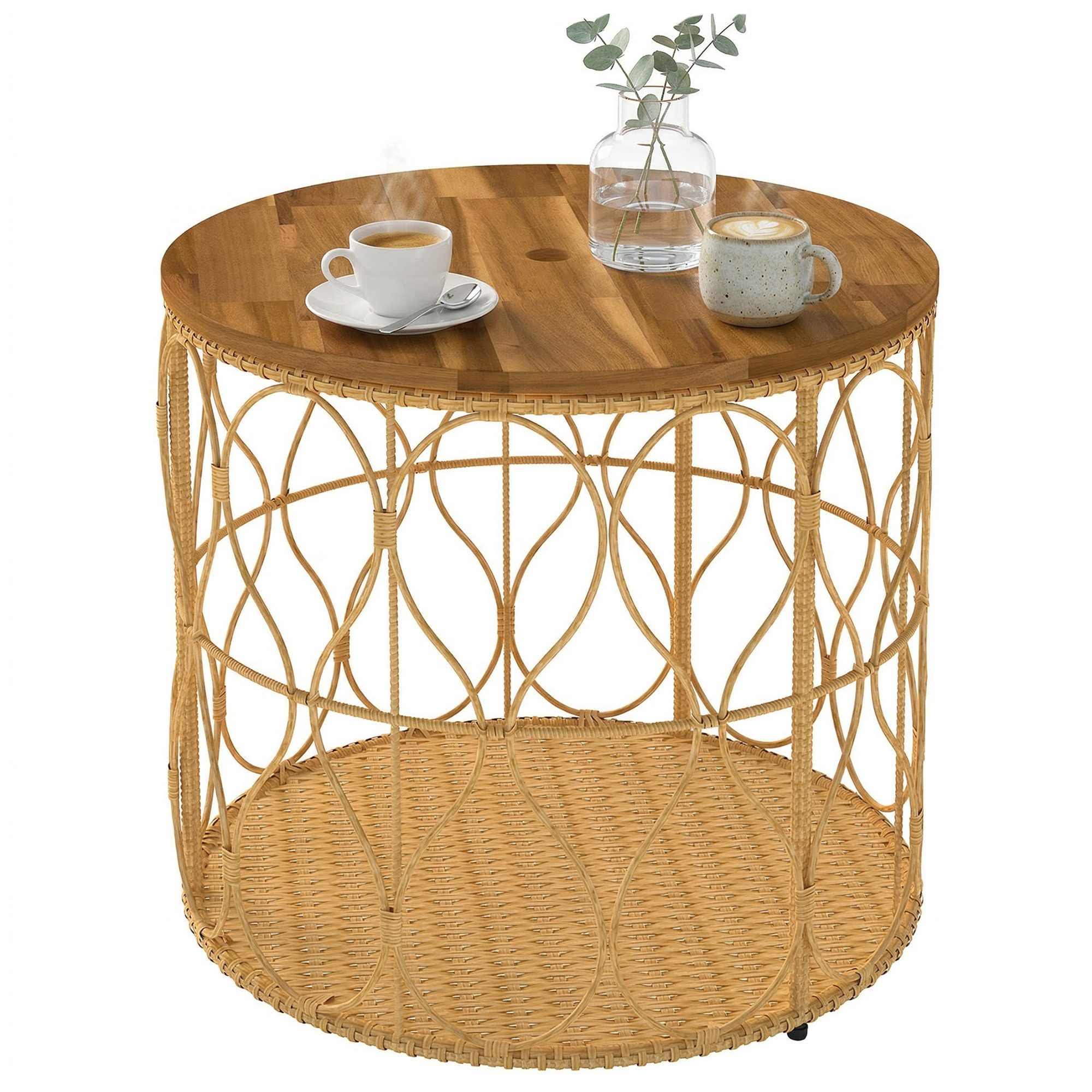 Outsunny Beistelltisch mit Rattanoptik, Akazienholzplatte, verstellbaren Füßen (Balkontisch, 1-St., Gartentisch), für Garten Terrasse Balkon Teak