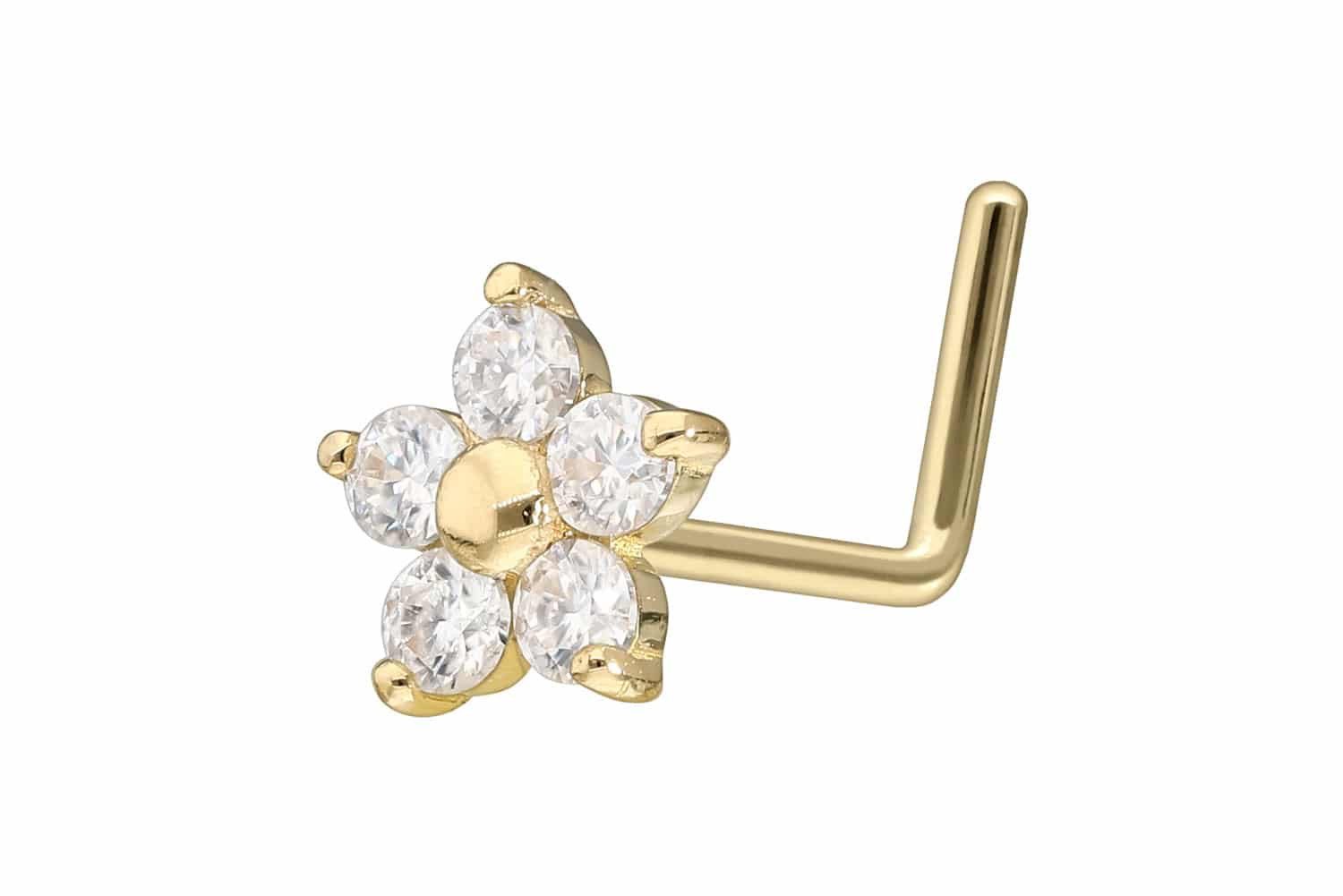 Nasenpiercing 14/18 Karat Gold Nasenstecker L-Form MOISSANIT-BLUME