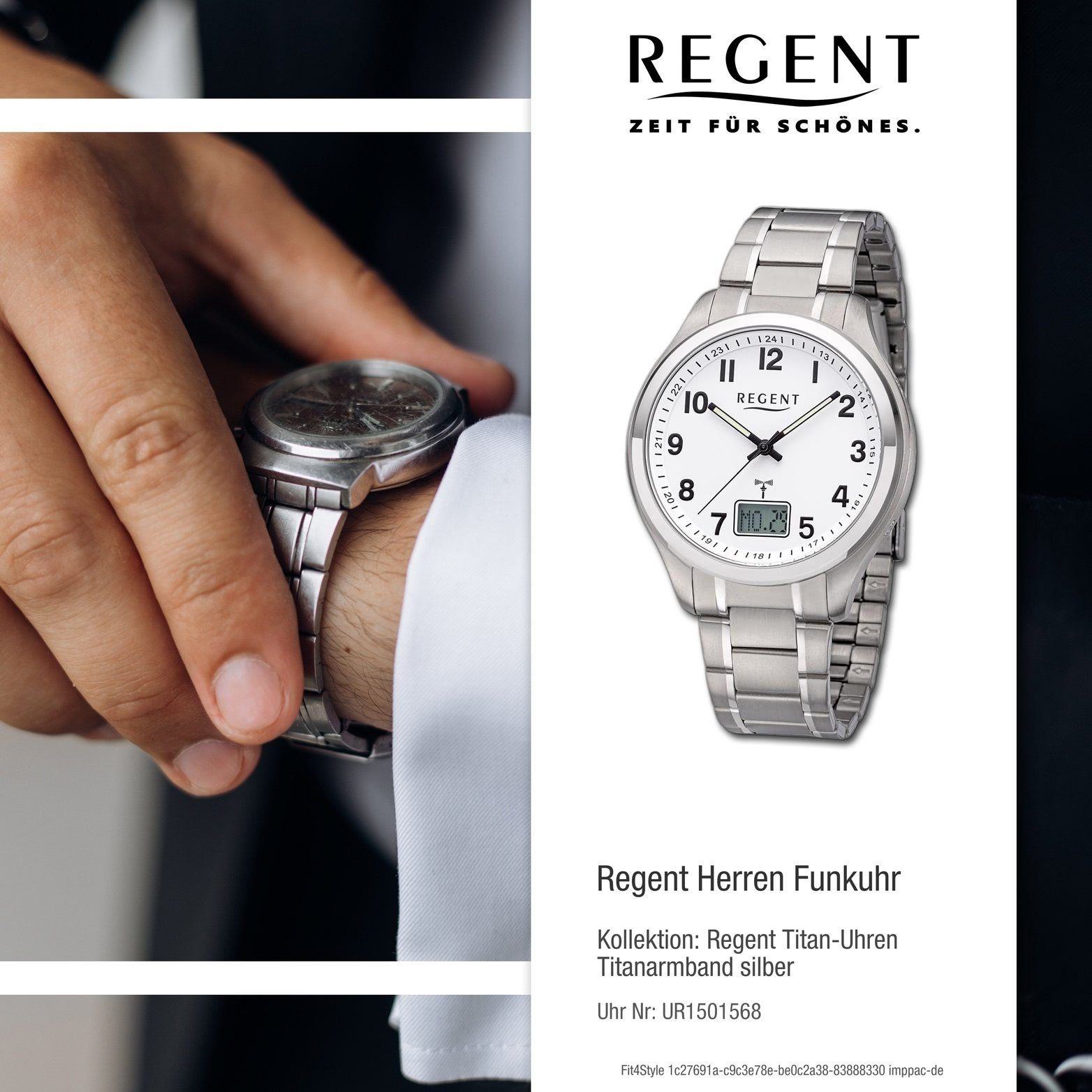 Regent Funkuhr Regent (ca. silber, groß Gehäuse, 42mm) Herren extra Titanarmband Analog-Digital, Funkuhr rundes Herrenuhr