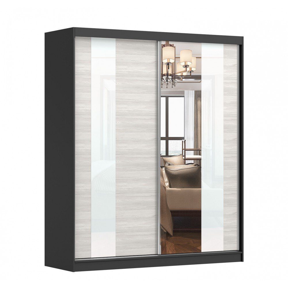 MOEBLO Kleiderschrank BEN 32 (Schwebetürenschrank 2-türig Schrank Garderobe Schiebtüren Schlafzimmer, mit Spiegel Kleiderstange und Regale) - (BxHxT): 233/203/183x218x61 cm