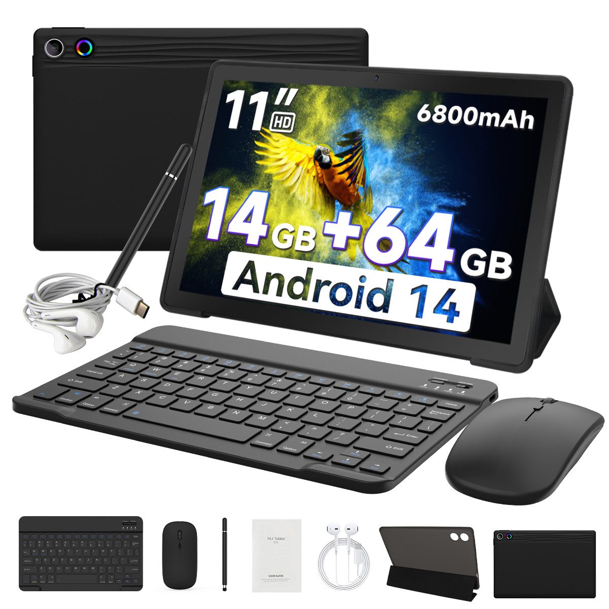 BUFO 11 Zoll Octa-Core 14(3+11)GB RAM+64GB 6800mAh, mit Tastatur Maus Stift Tablet (11", 64 GB, Android, AIC8800D80 802.11 a/b/g/n/ax/ac (WiFi 6) + BT5.3, Android 14, Duale Kamera, HD Display)