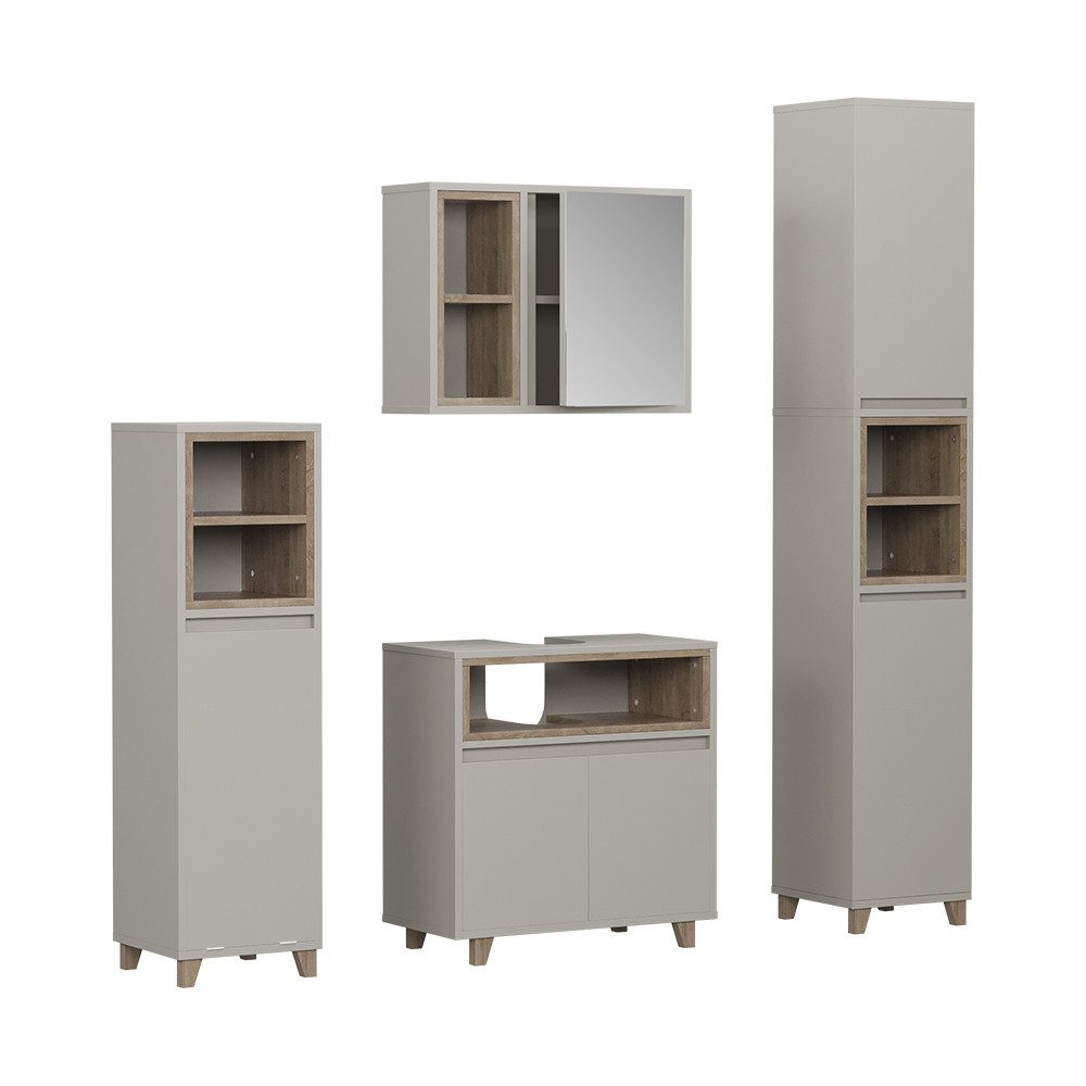 Vicco Badmöbel-Set Elnor, Greige/Eiche/Greige, 4 Teile, (4-St., 4er Set)