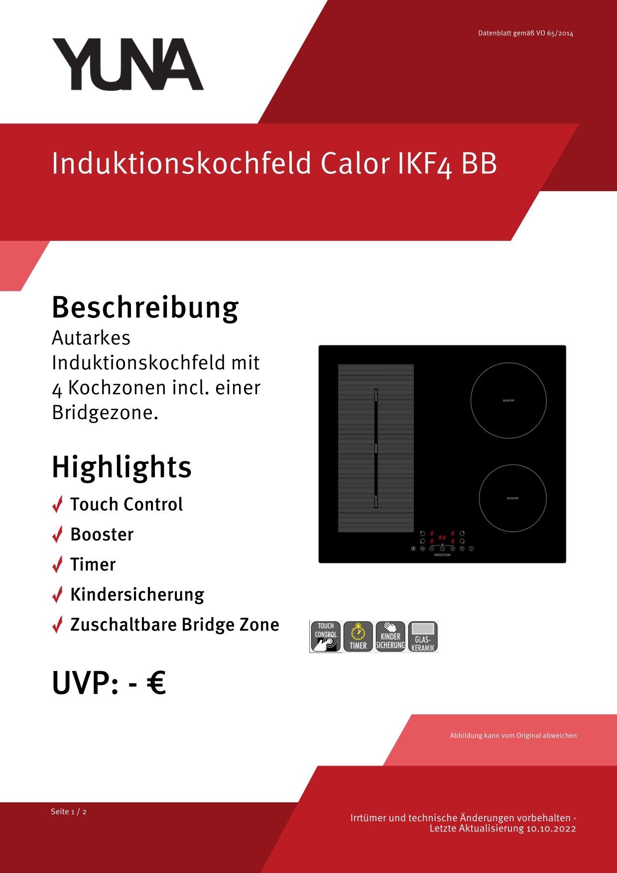 Bridgezone, Induktions-Kochfeld Calor Boosterfunktion, IKF4 Touch Timer YUNA Control, Bräterzone, BB,