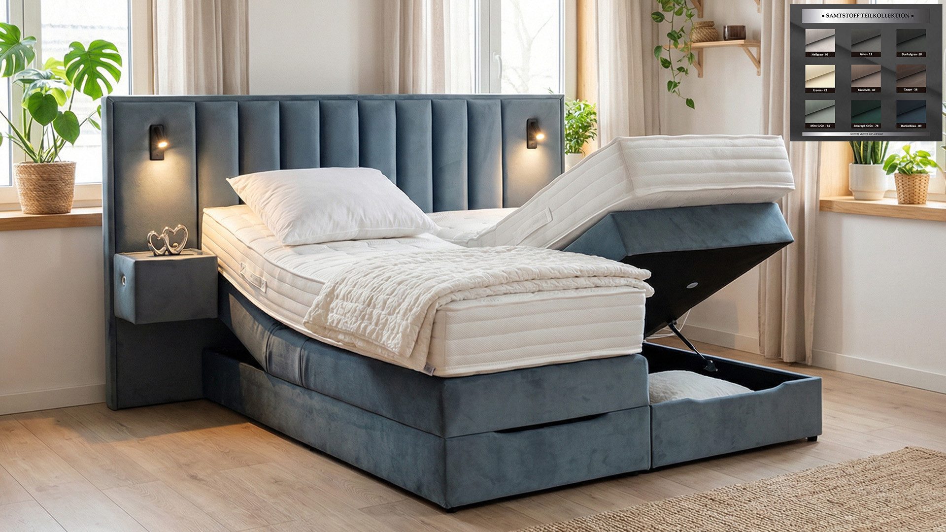 PAARA Boxspringbett mit USB und Beleuchtung, mit Bettkasten und Nachttischen, mit innovativem Belüftungssystem