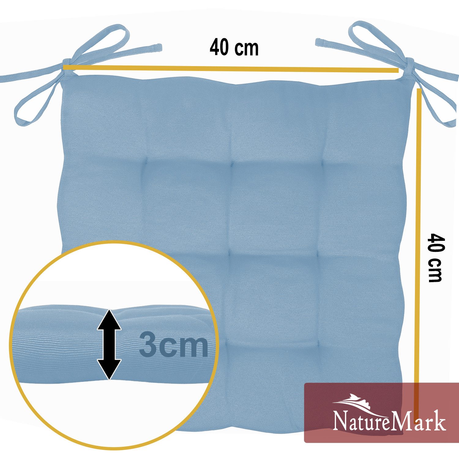 NatureMark Sitzkissen 4er-Set Stuhlkissen 40x40cm mit Bändern, Sitzpolster Kissen 4er Pack, schadstoffgeprüft, Hell blau