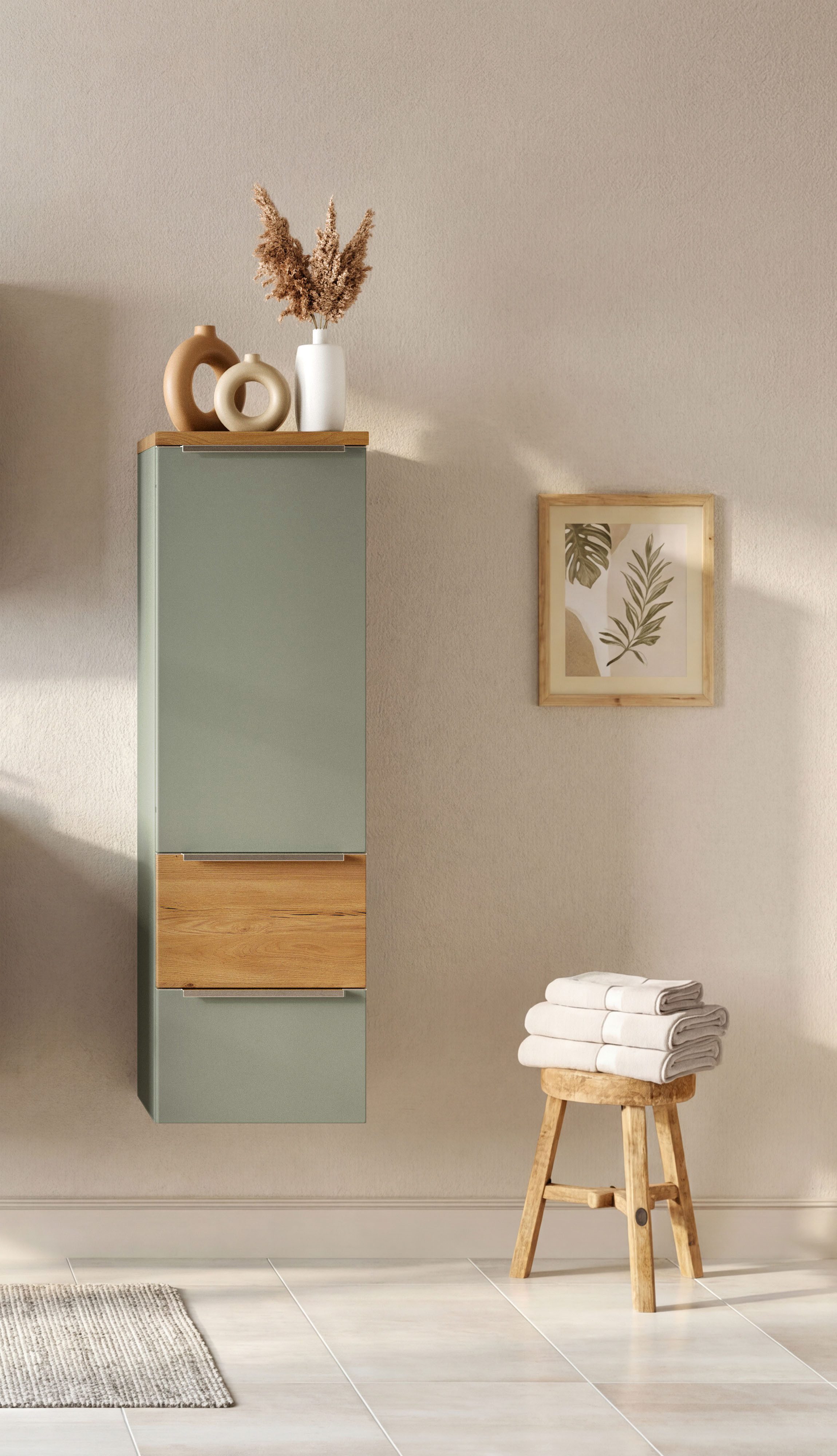 welltime Midischrank TRIENT, Midischrank 40 cm, Softclose-Auszüge und gedämpfte Scharniere (Maße (B/H/T): ca. 40/130/35 cm) Schilfgrün/Wildeiche, Softclose-Metallauszüge
