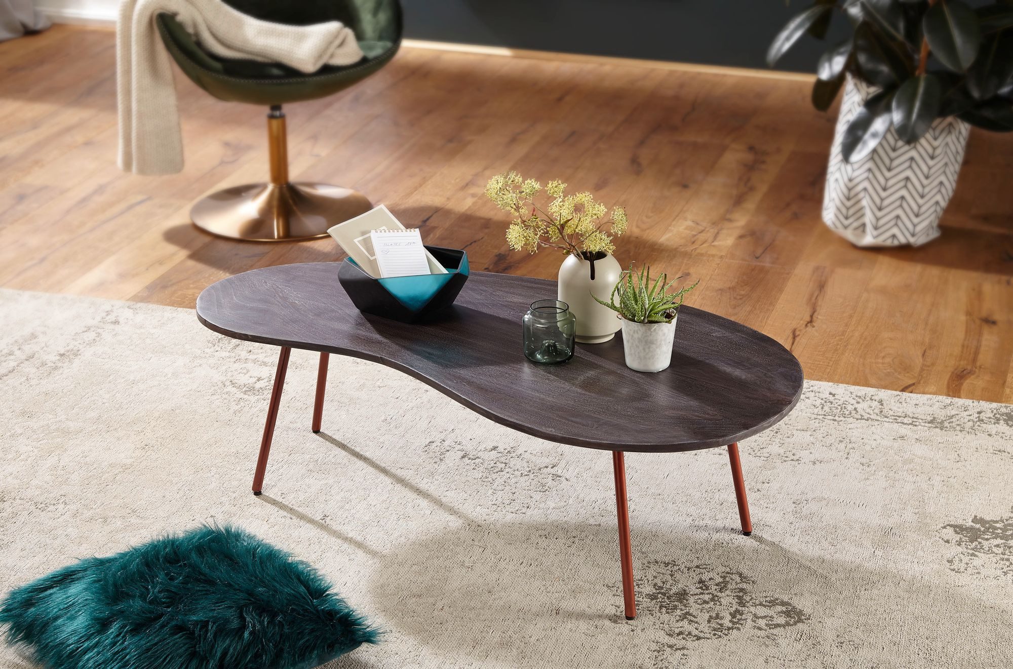 Wohnling Couchtisch WL5.618 122x34,5x63 cm Tisch Akazie Tischbeine Metall Nierentisch (5x63 cm Akazie Massivholz Metall Nierenform, 12), Sofatisch Kaffeetisch, Wohnzimmertisch Dunkel