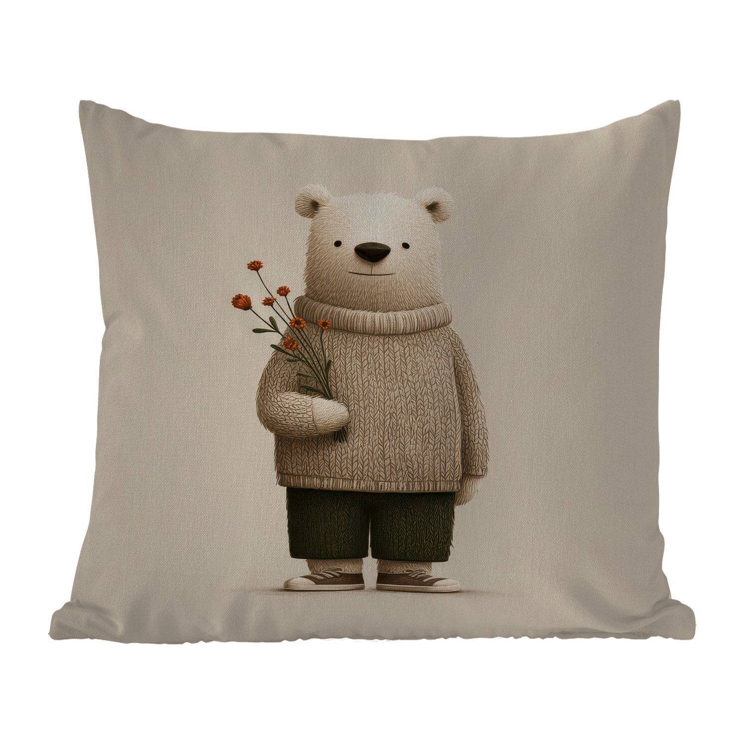 MuchoWow Dekokissen Teddybär - Orangefarbene Blumen - Freundlich, Kissenhülle für den Außenbereich, Outdoor, Kissen, 50x50 cm