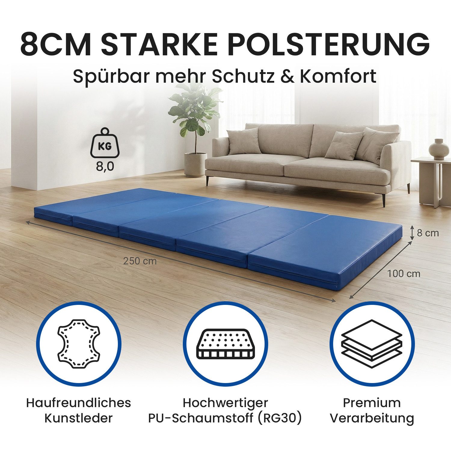Jeflex Weichbodenmatte Jeflex Turnmatte klappbar 250 x 100 x 8 cm Fitness Weichbodenmatte, 250cm x 100cm x 8cm, Made in Germany