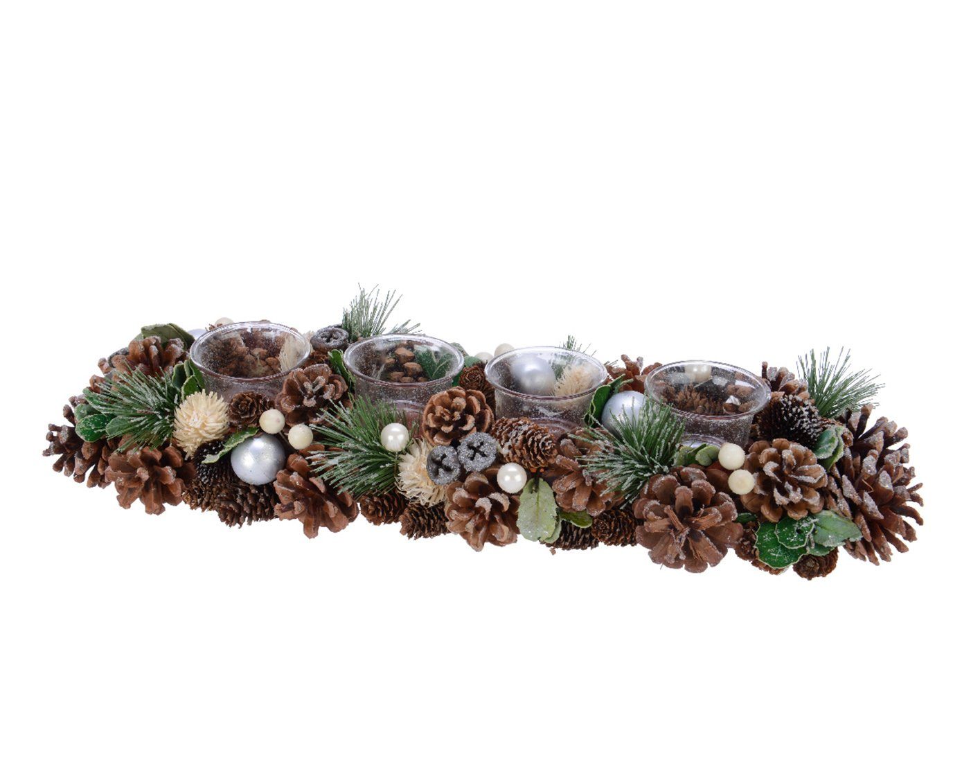 Decoris season decorations Teelichthalter, Adventsgesteck aus Zapfen länglich mit Teelichter 45cm braun / grün