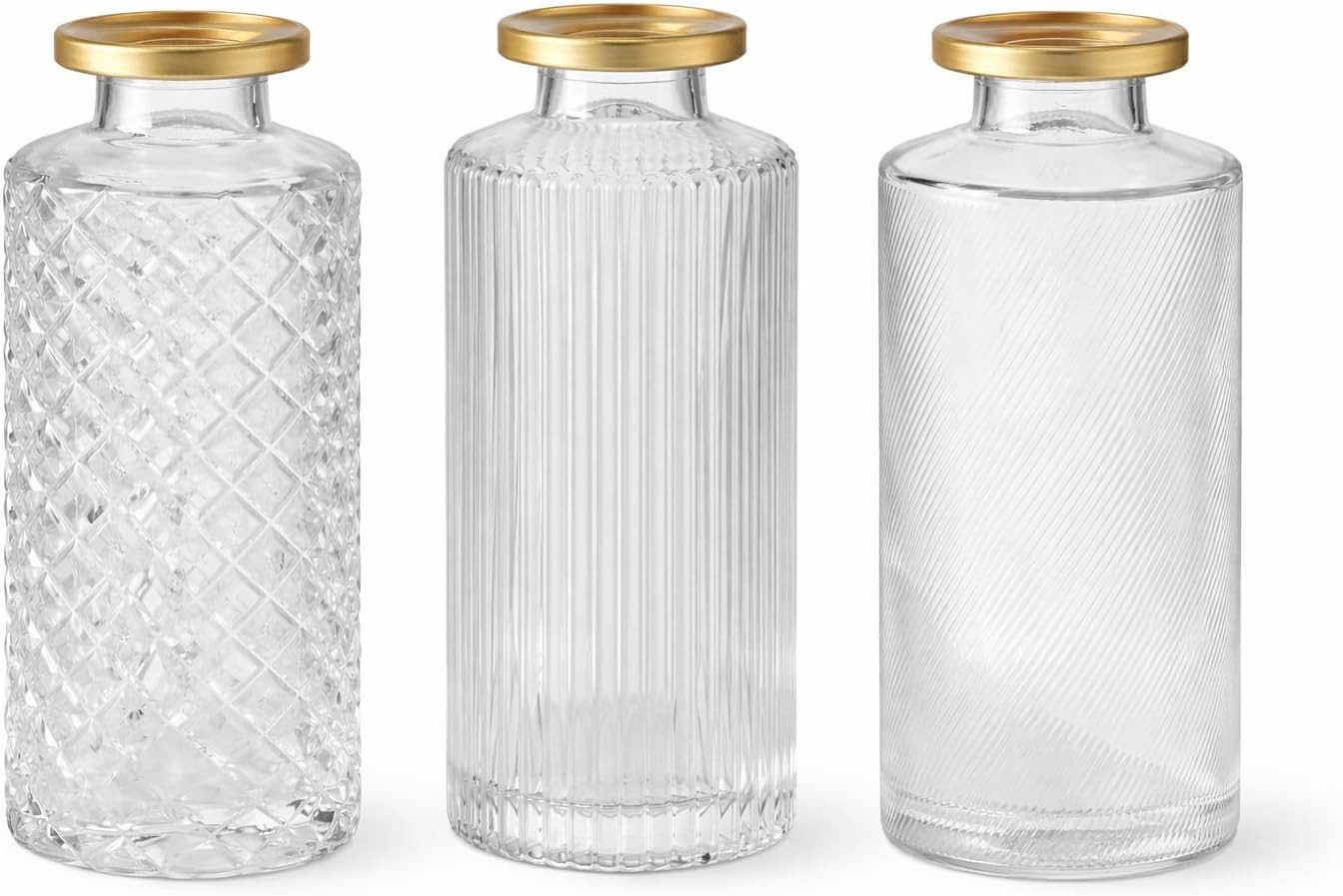 BOLTZE GRUPPE GmbH Tischvase 3er Set Glasvasen Boho Vintage mit Metallic-Rand, Strukturiert, Metallisiert