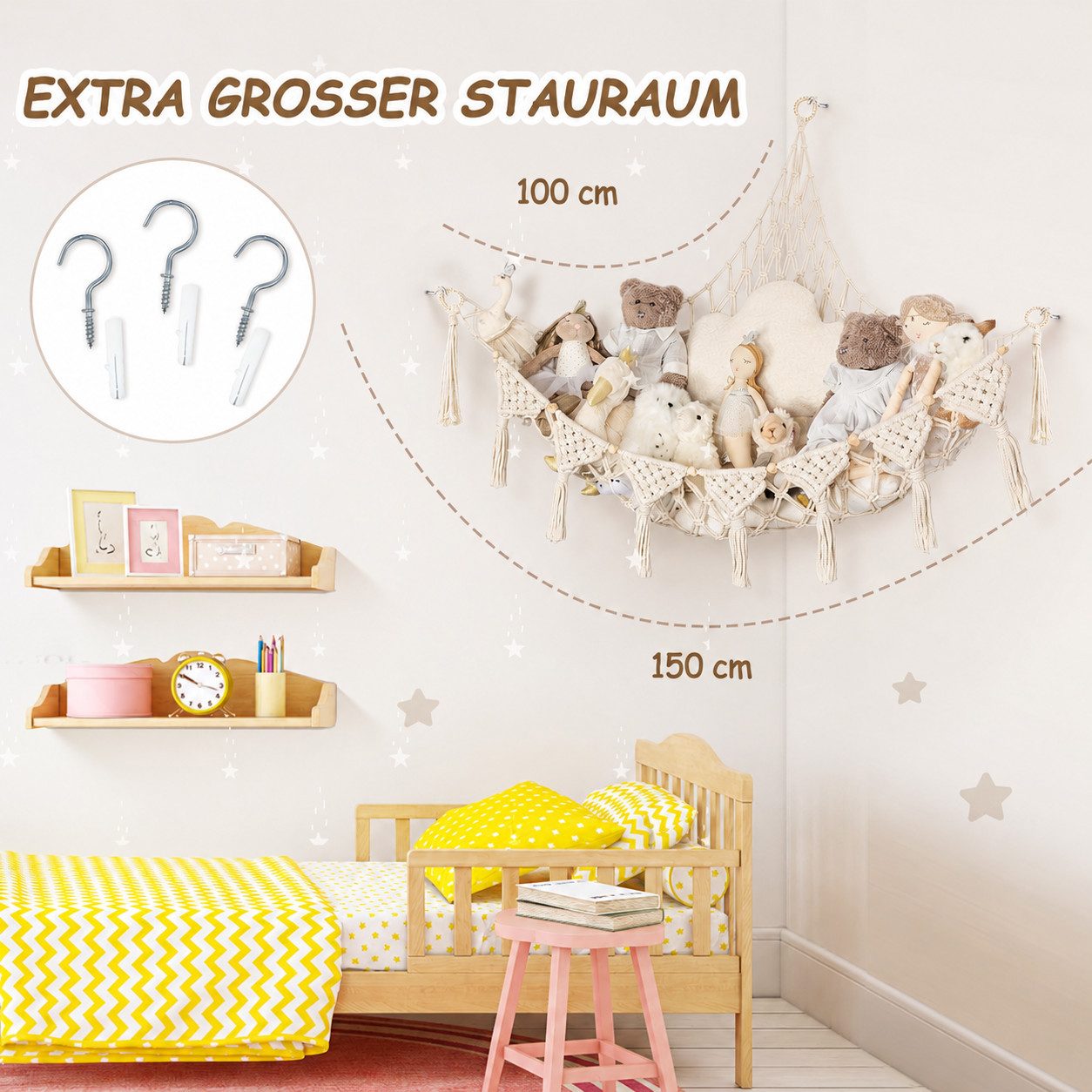 AIMAX Spielzeugtruhe Hängekorb Spielzeug Aufbewahrung Kuscheltier Hängematte Makramee Boho, (1er Set), Stofftier Plüschtier Hängematte für Kuscheltiere Teddy
