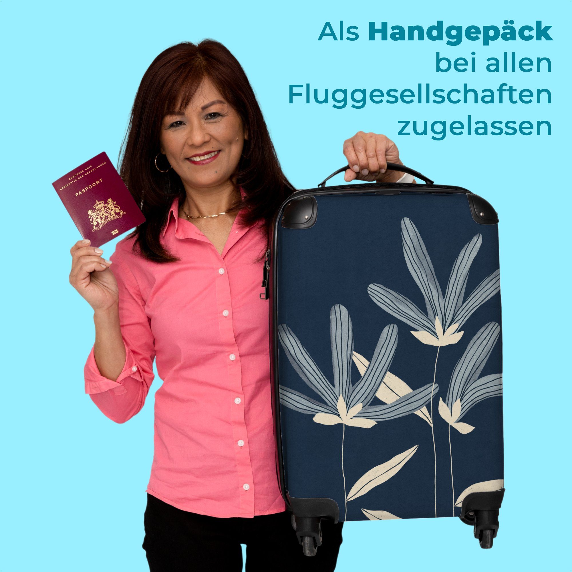 - Kleine Handgepäckkoffer Rollen, - Handgepäck NoBoringSuitcases.com© Rollen mit Blau Natur, 55x35x20cm - Rollkoffer 4 Trolley 4 Pflanzen - Reisekoffer Cabin Blumen