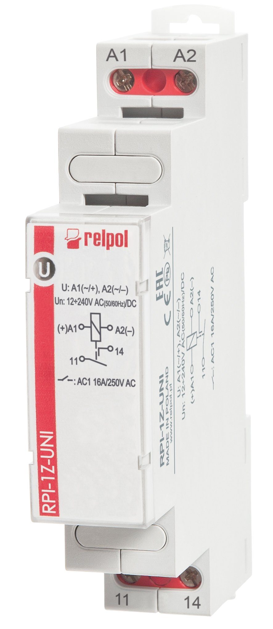 Relpol Verteilerbox RPI-1Z-UNI 1 240V 12V Schaltrelais bis Installationsrelais Schliesser, 16A - AC/DC Hutschiene für