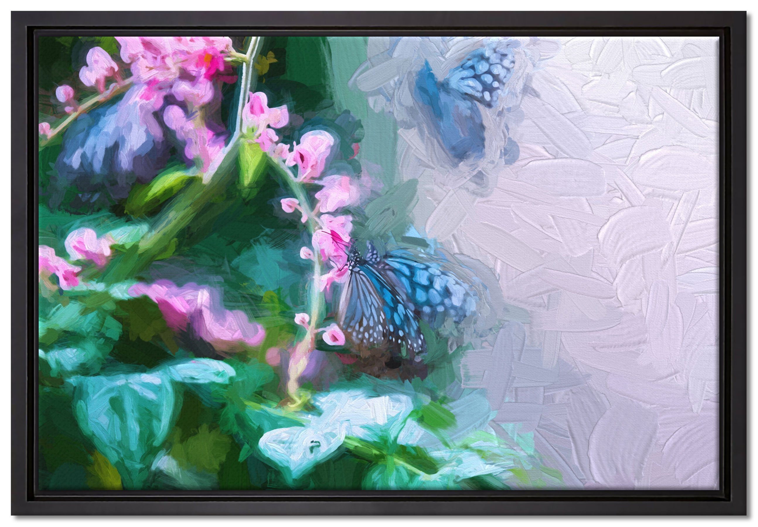 Pixxprint Leinwandbild Schmetterlinge auf Blumen, Wanddekoration (1 St), Leinwandbild fertig bespannt, in einem Schattenfugen-Bilderrahmen gefasst, inkl. Zackenaufhänger