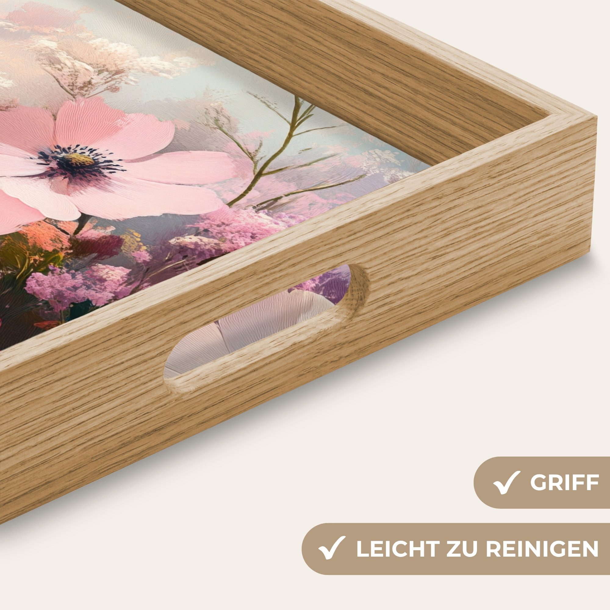 OnlyWow Tablett Rechteckig mit Henkel Blumen - Bunt - Blühend, Eichenholz, (1-tlg), Siervierplatte, Tray, Frühstücksbrett