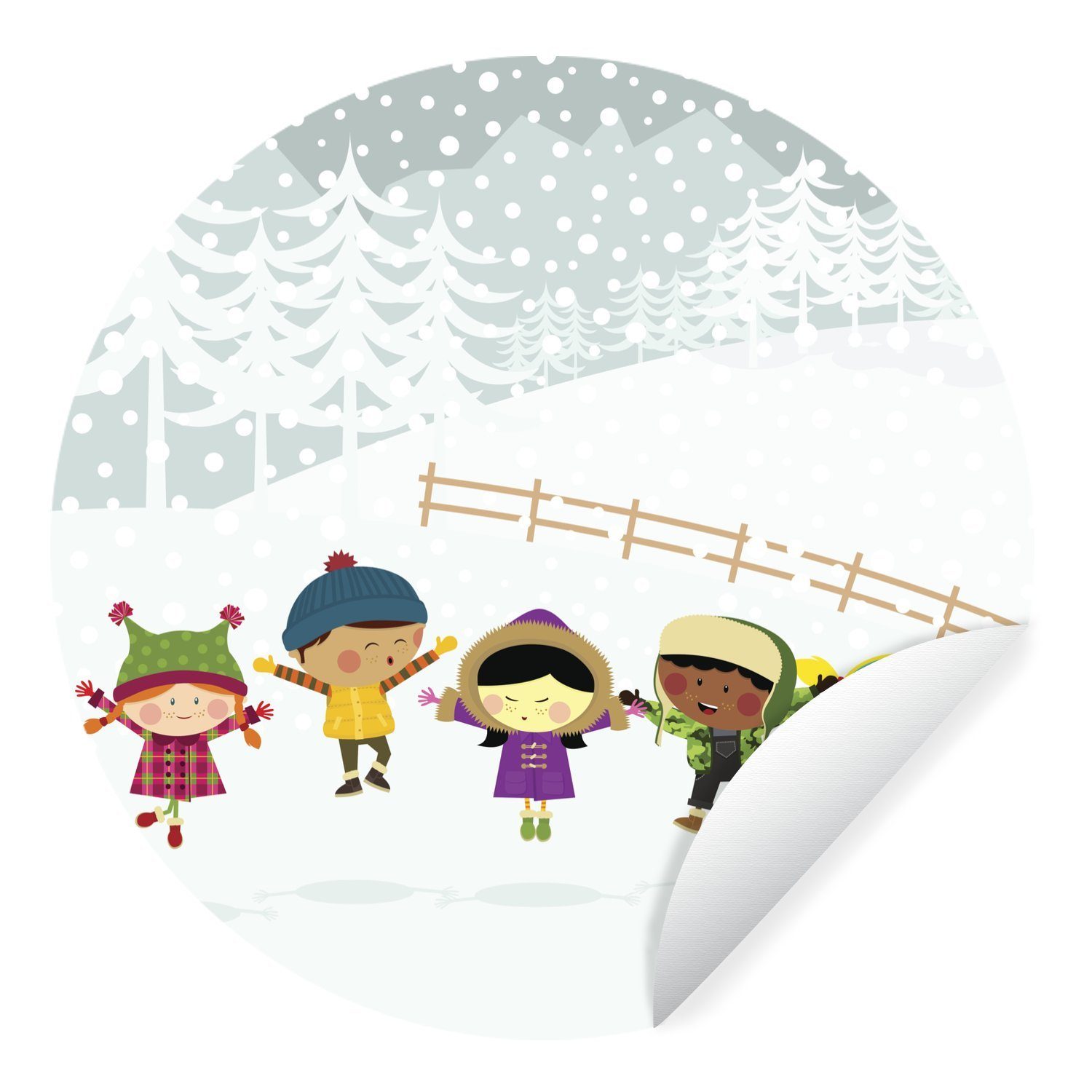 MuchoWow Wandsticker Eine Illustration von fünf Kindern im Schnee (1 St), Tapetenkreis für Kinderzimmer, Tapetenaufkleber, Rund, Wohnzimmer