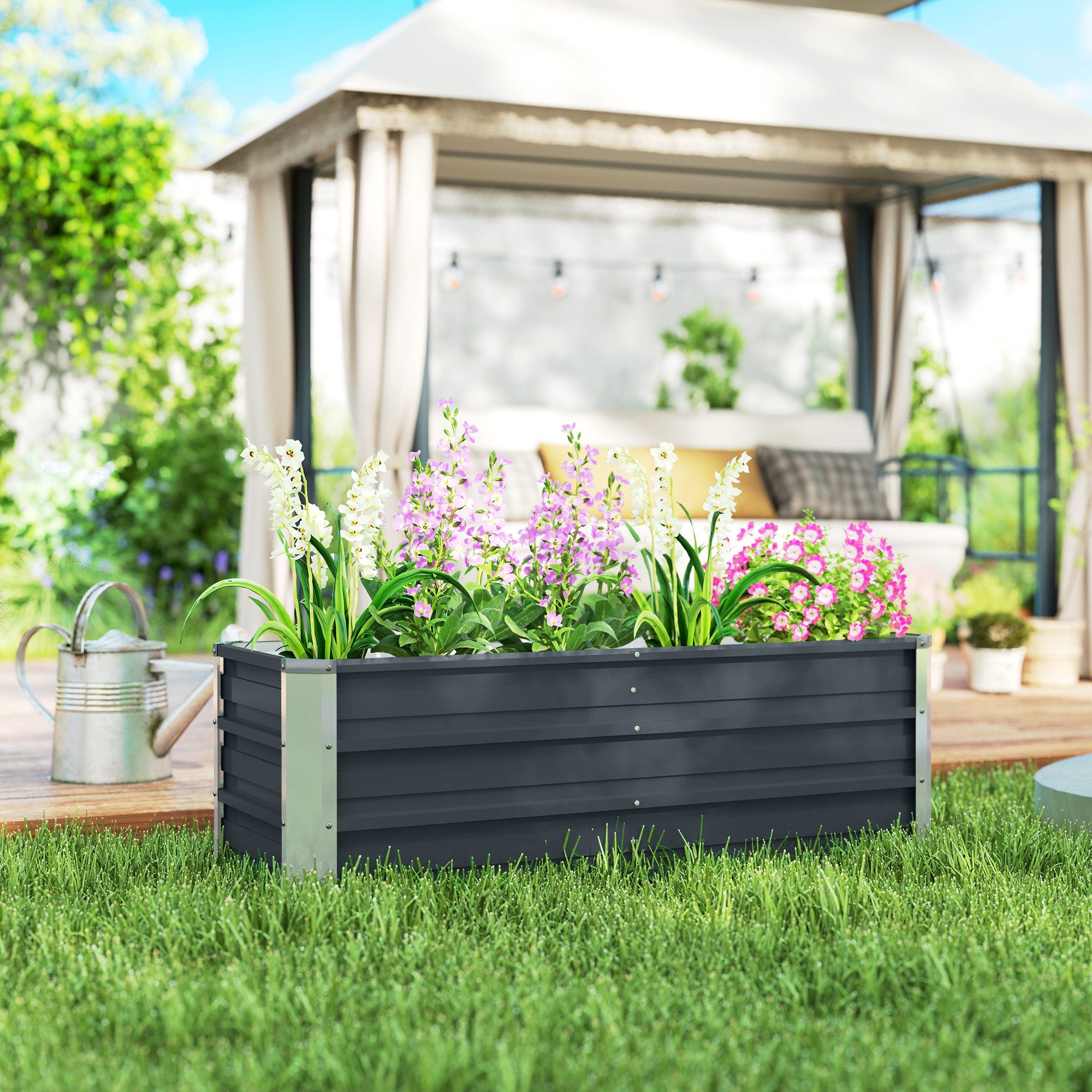Outsunny Hochbeet Gartenbeet Blumenkasten mit Handschuhe 125 x 47 x 44 cm (Blumenbeet, 1 St., Gemüsebeet), für Garten, Balkon, Kohlegrau