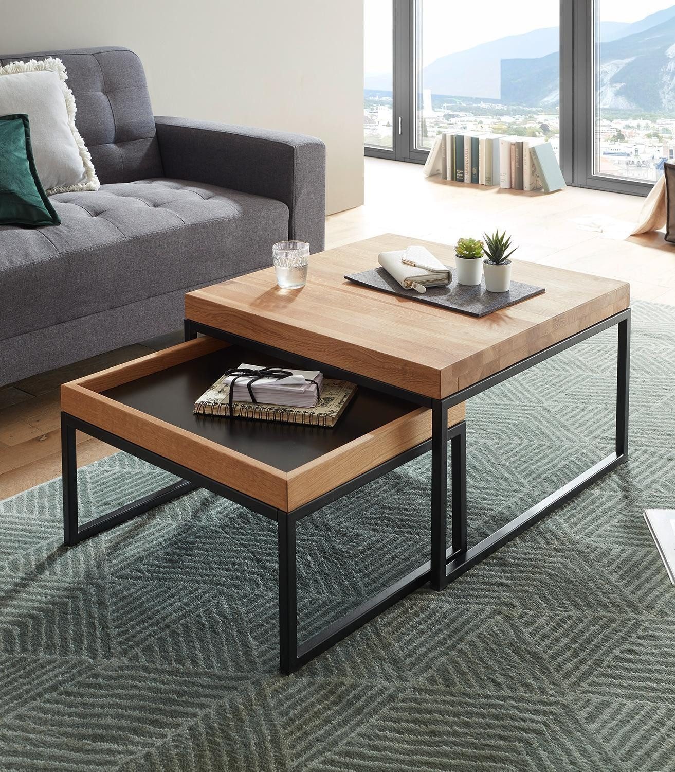 Couchtisch 2-teilig LUBAO, Braun, Schwarz, Asteichenholz, Metallgestell, B 65 x H 38 x T 65 cm, B 57 x H 30 x T 45 cm